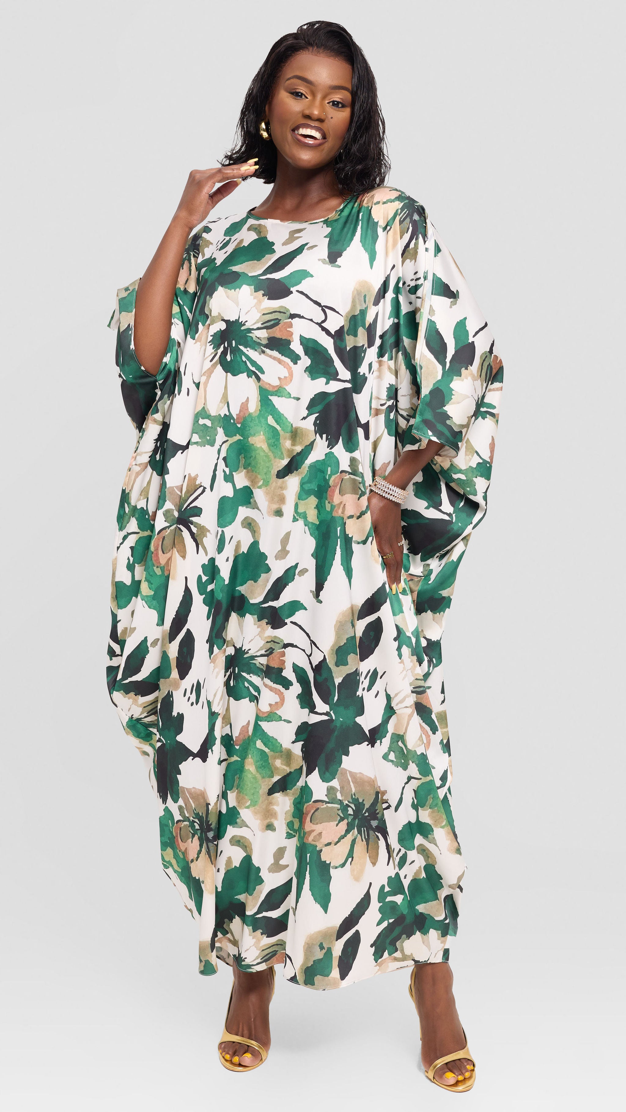 Vivo Chidii Maxi Kaftan in Satin - Green / Taupe Beula Print