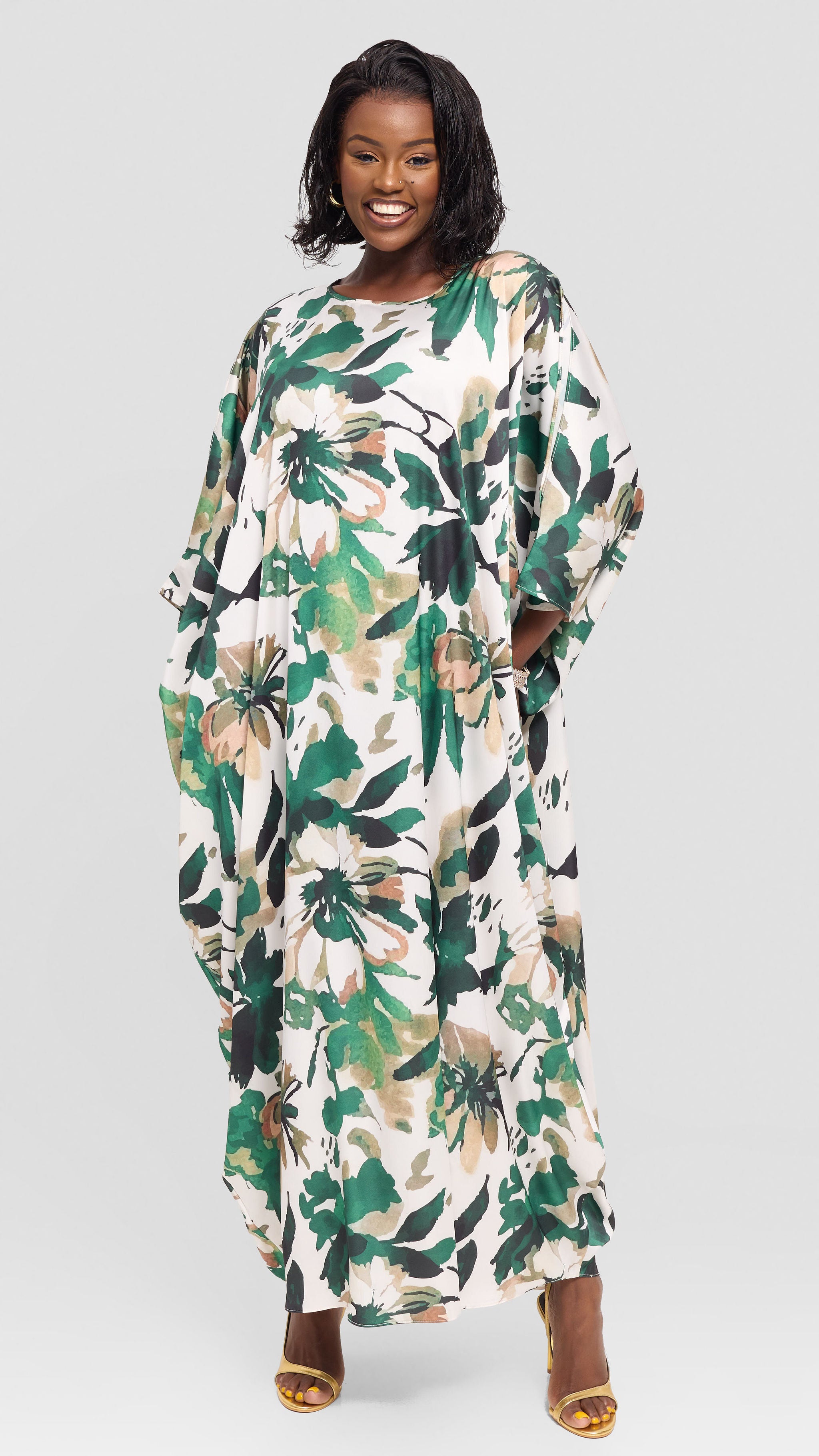 Vivo Chidii Maxi Kaftan in Satin - Green / Taupe Beula Print