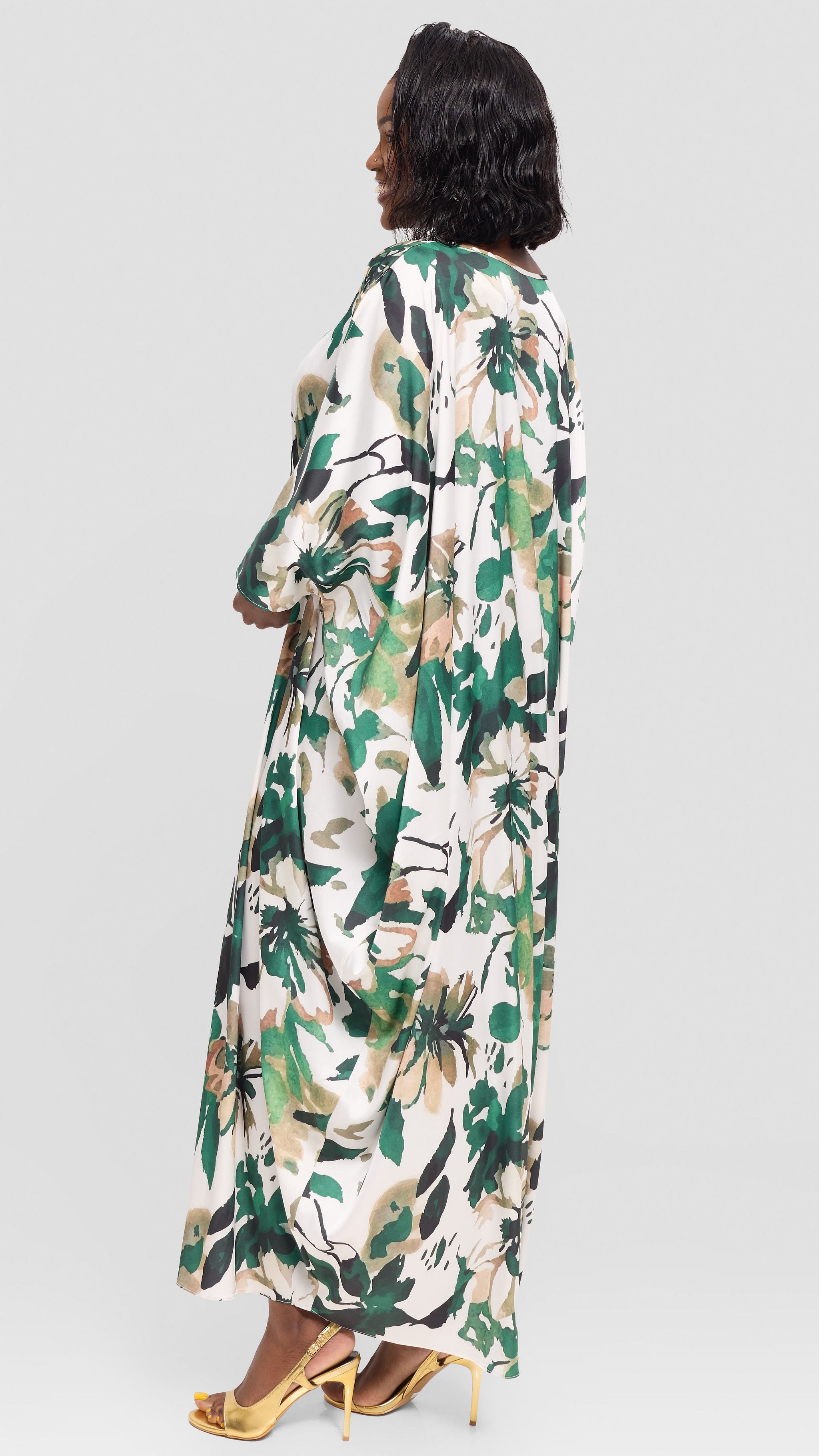 Vivo Chidii Maxi Kaftan in Satin - Green / Taupe Beula Print