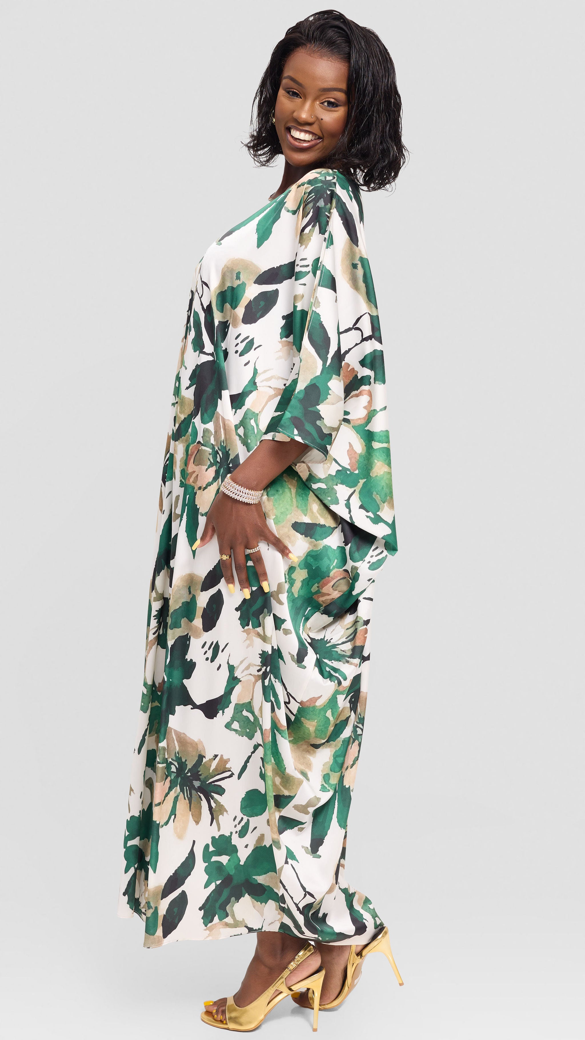 Vivo Chidii Maxi Kaftan in Satin - Green / Taupe Beula Print