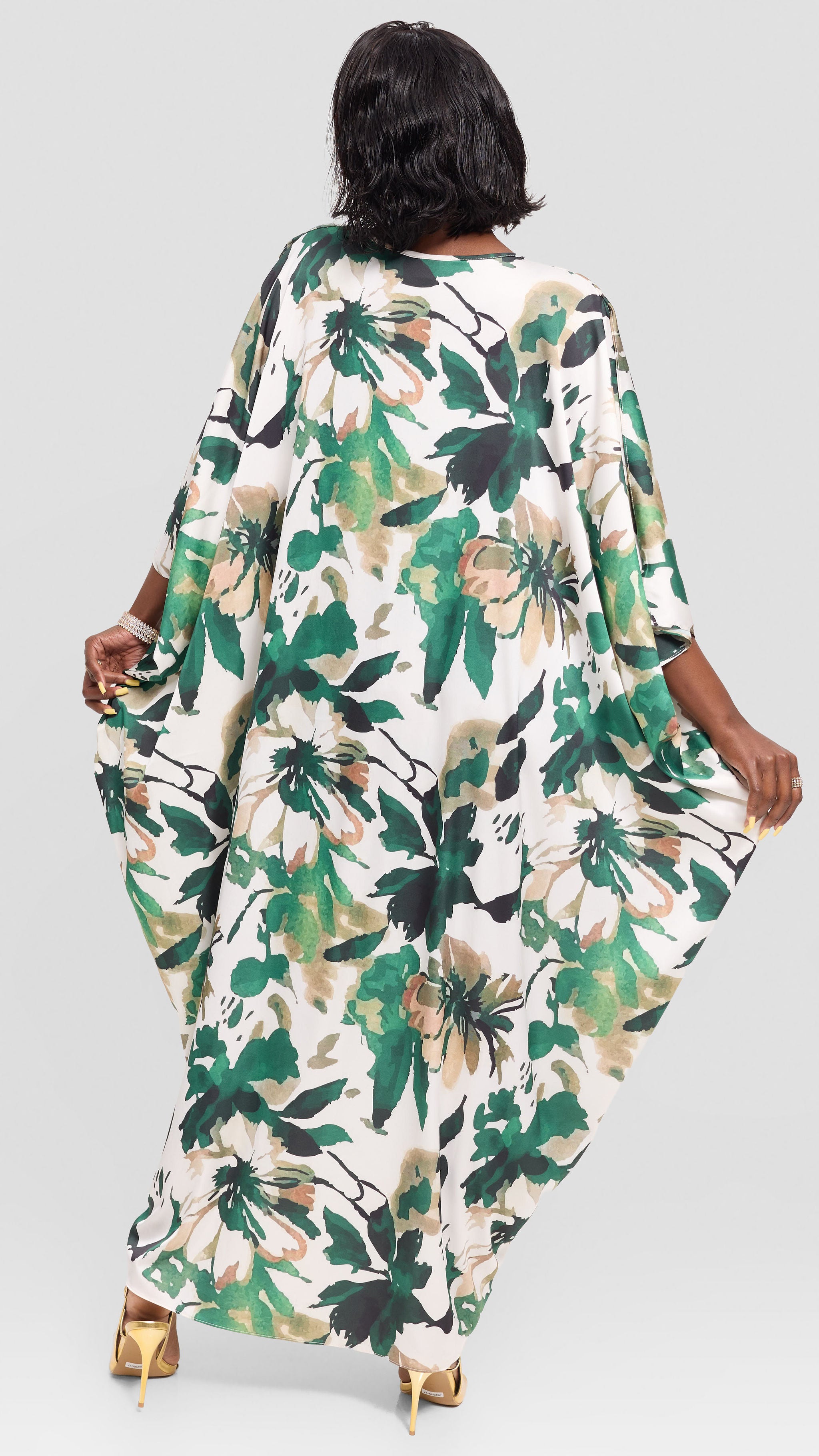 Vivo Chidii Maxi Kaftan in Satin - Green / Taupe Beula Print