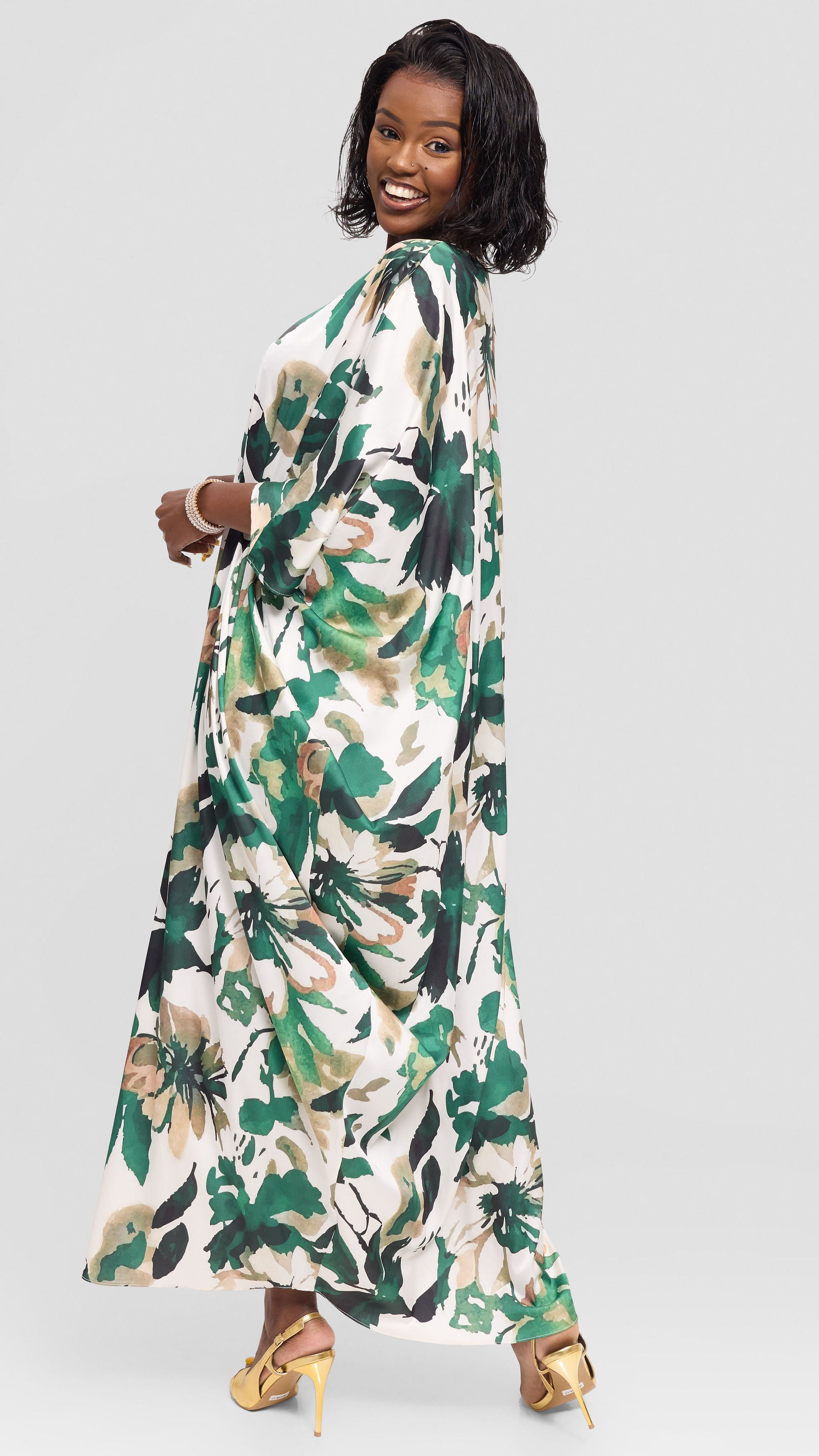 Vivo Chidii Maxi Kaftan in Satin - Green / Taupe Beula Print