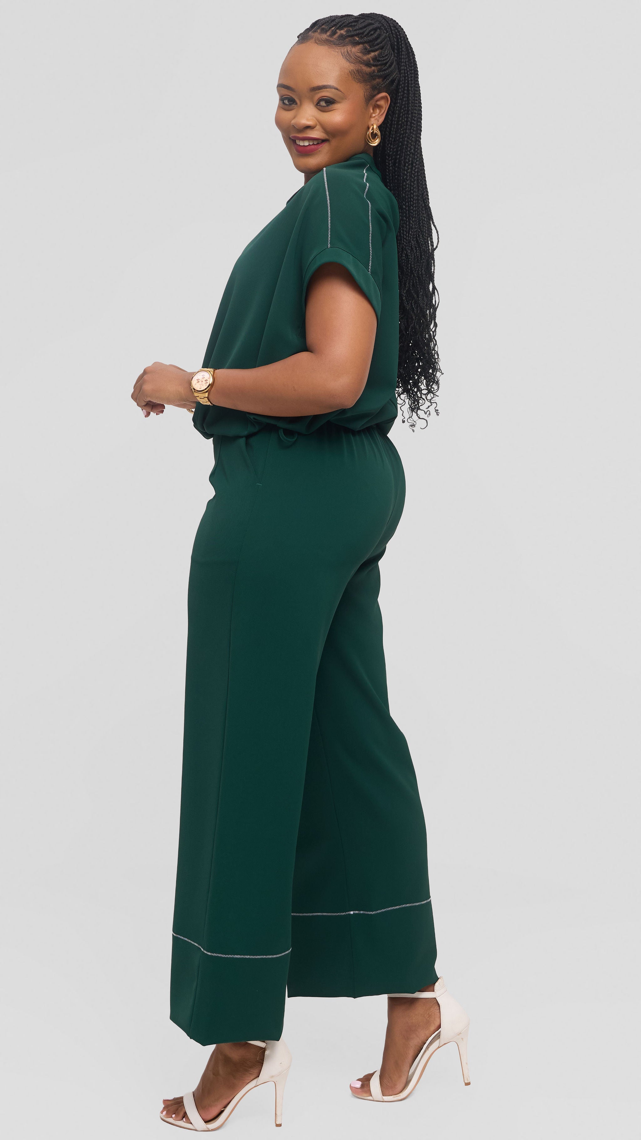 Vivo Contrast Stitch Loose Top in Twill - Dark Green