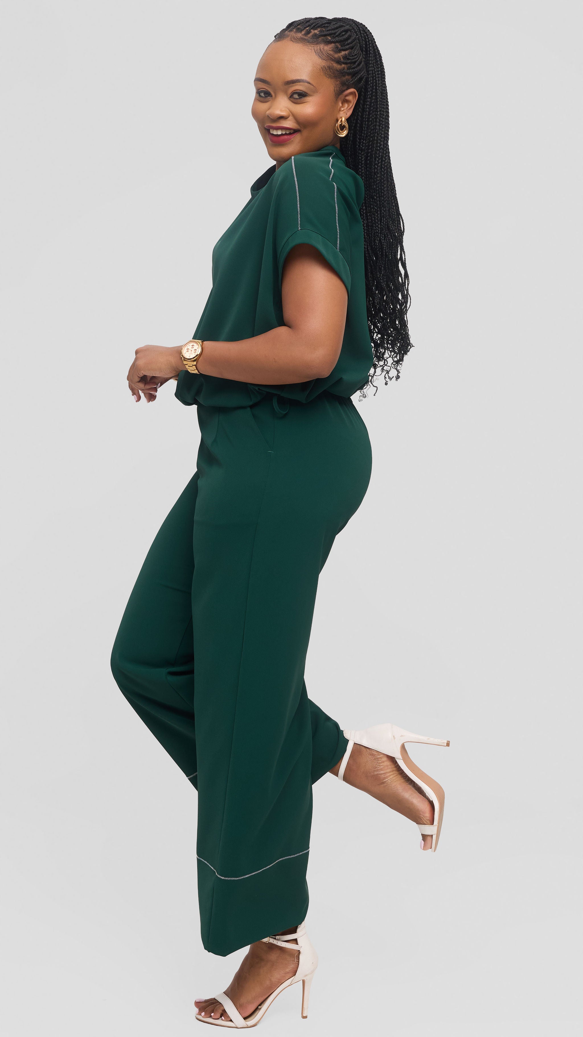 Vivo Contrast Stitch Wide Leg Pants in Twill -  Dark Green