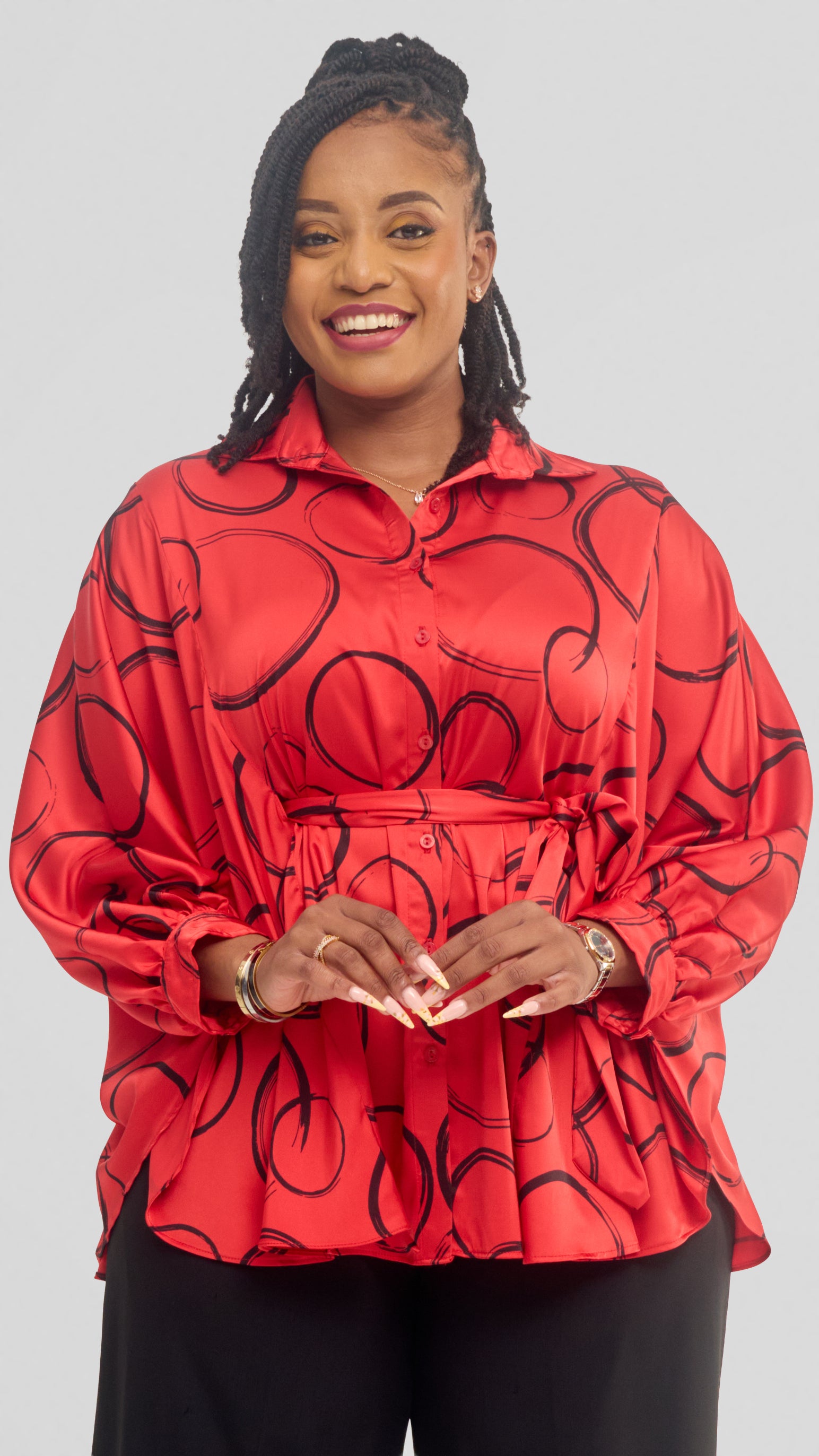Vivo Loose Shirt in Satin - Red / Black Amani Print