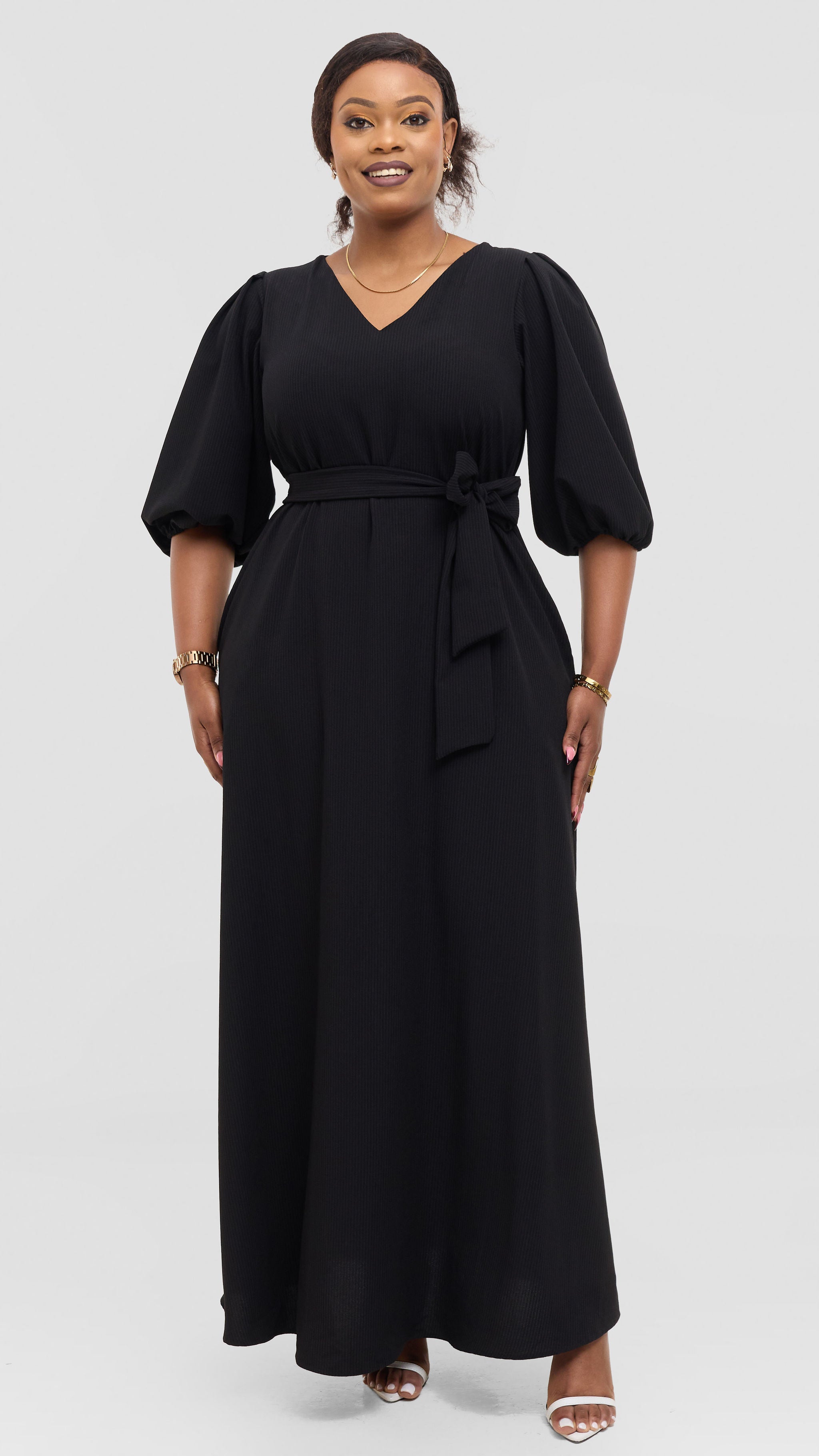 Vivo Bishop Sleeve Maxi Dress in Crepe - Black Pinstripes