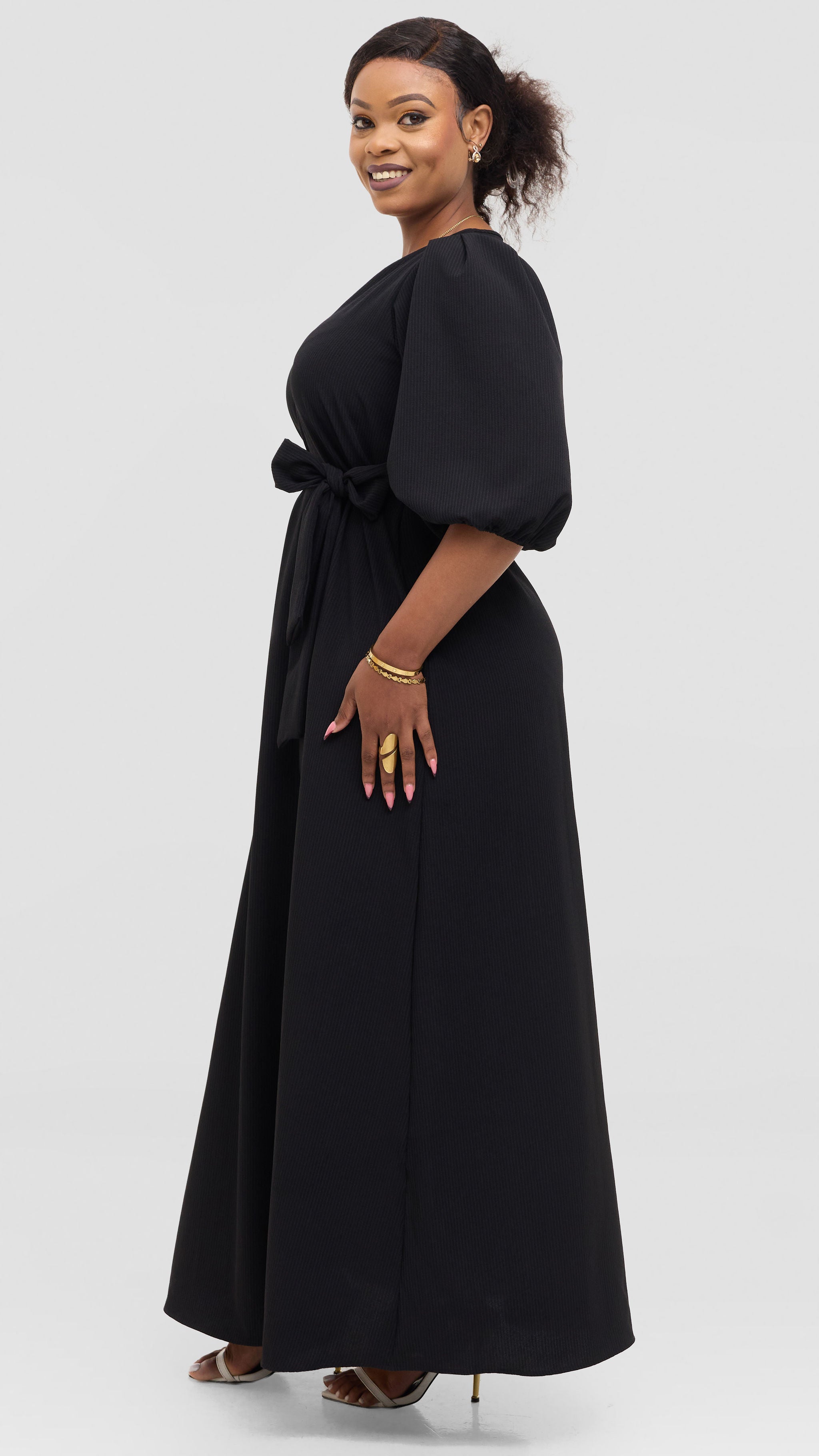Vivo Bishop Sleeve Maxi Dress in Crepe - Black Pinstripes