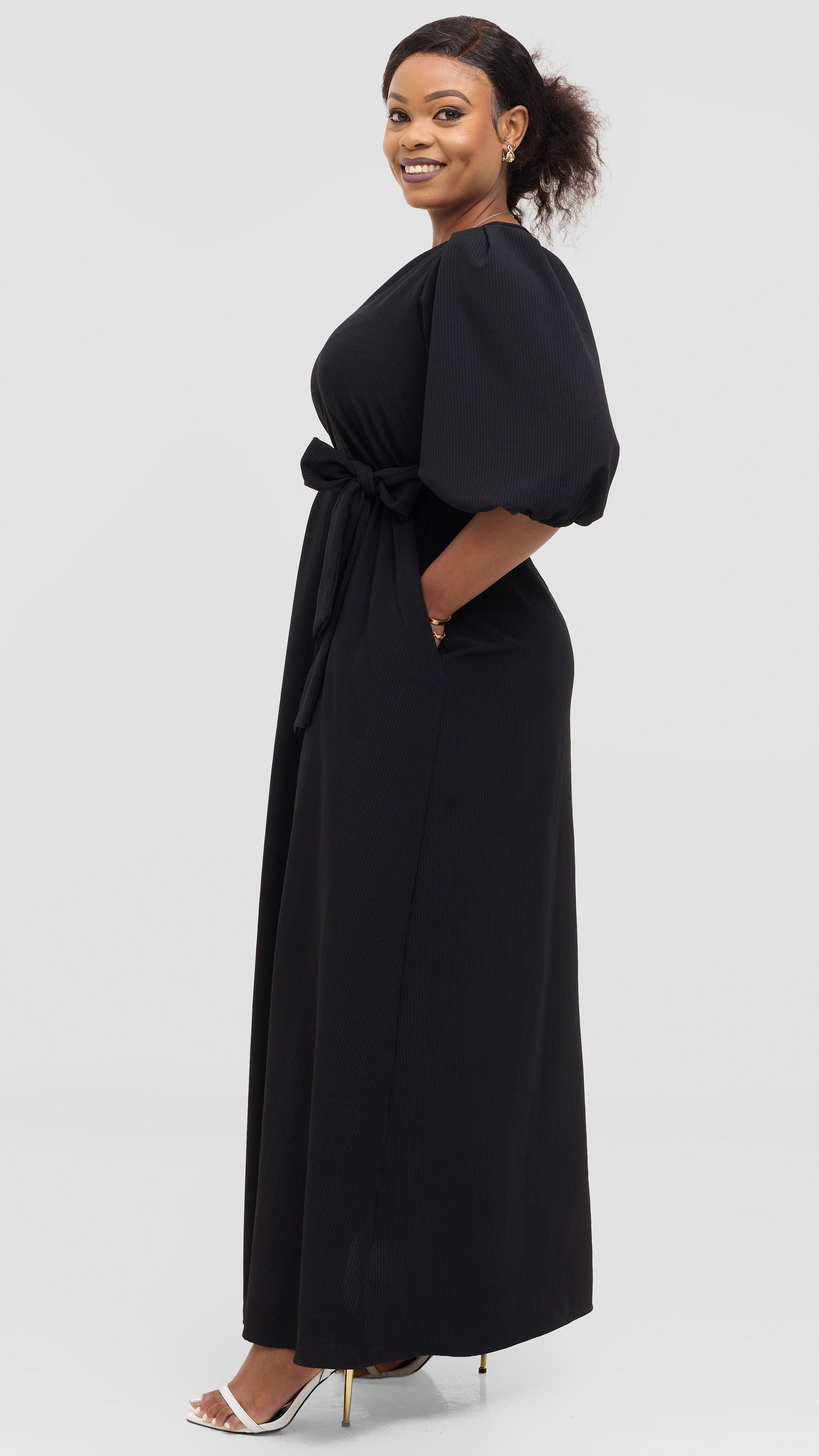 Vivo Bishop Sleeve Maxi Dress in Crepe - Black Pinstripes