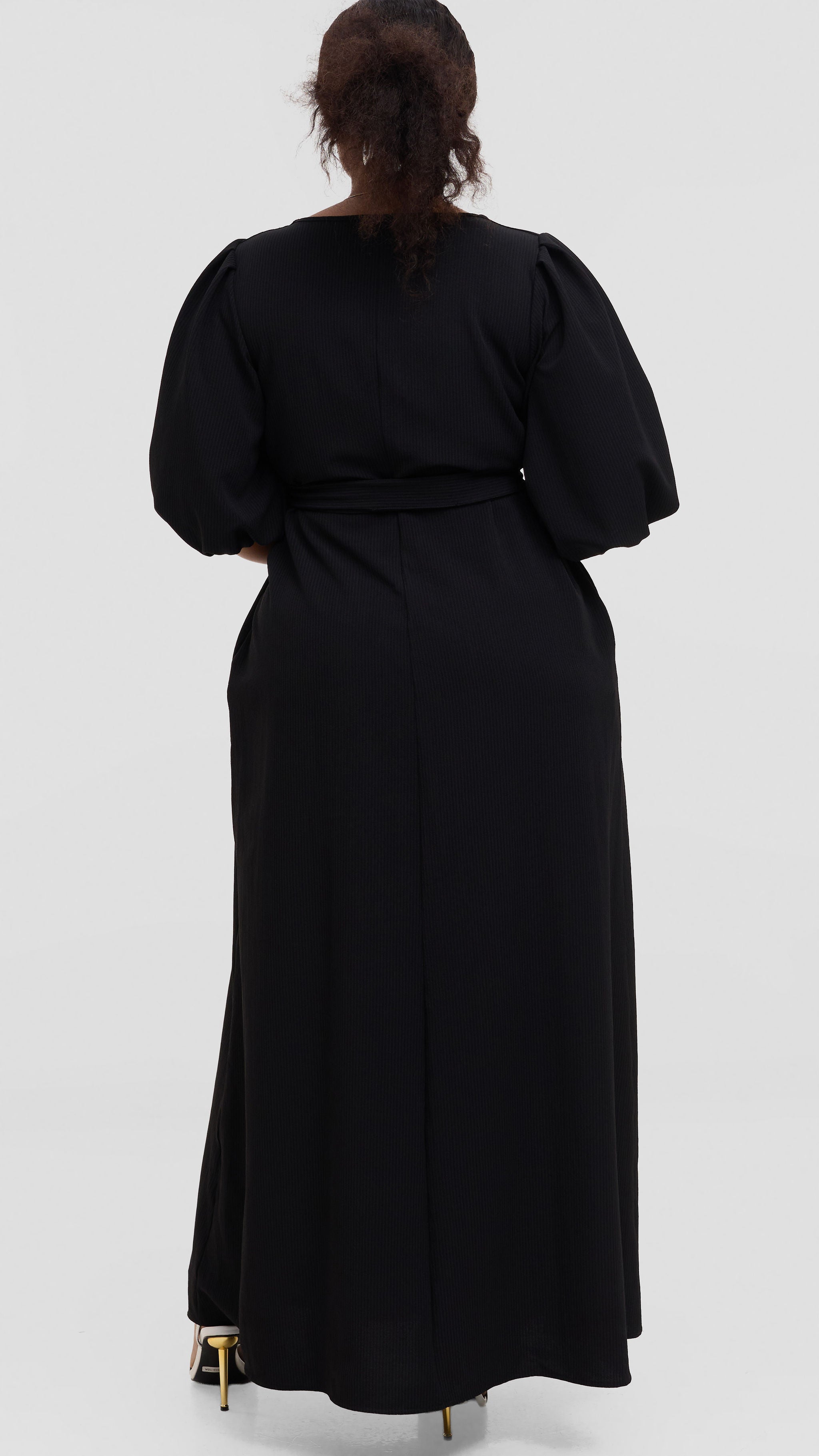 Vivo Bishop Sleeve Maxi Dress in Crepe - Black Pinstripes