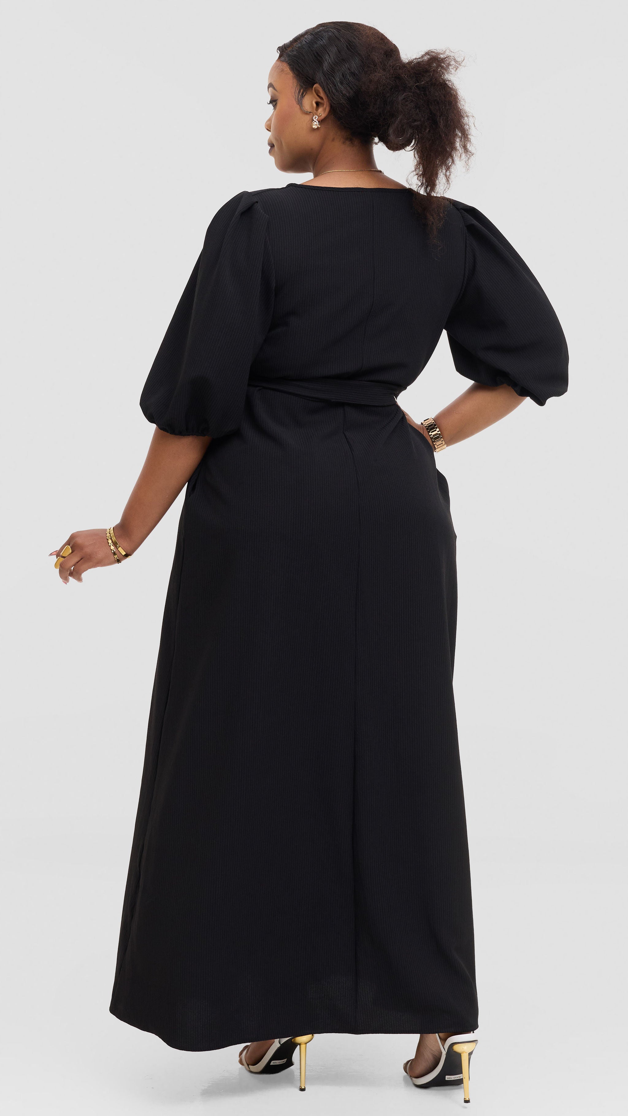 Vivo Bishop Sleeve Maxi Dress in Crepe - Black Pinstripes