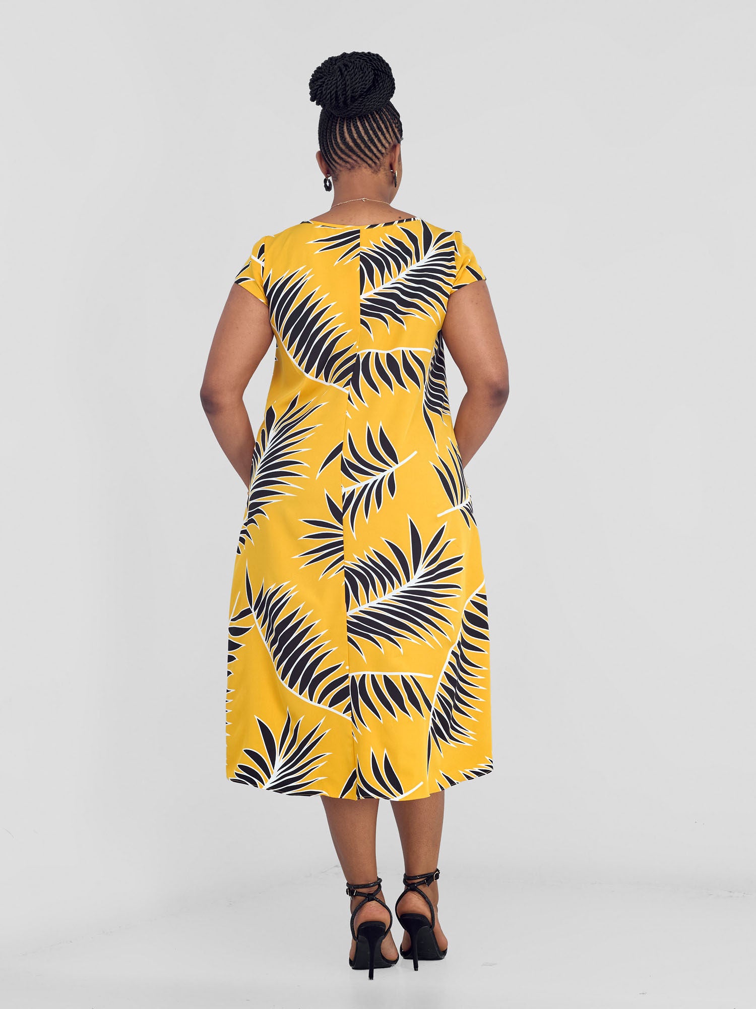 Vivo Jema High Low Tent Dress - Yellow/Black Palm Leaves Print