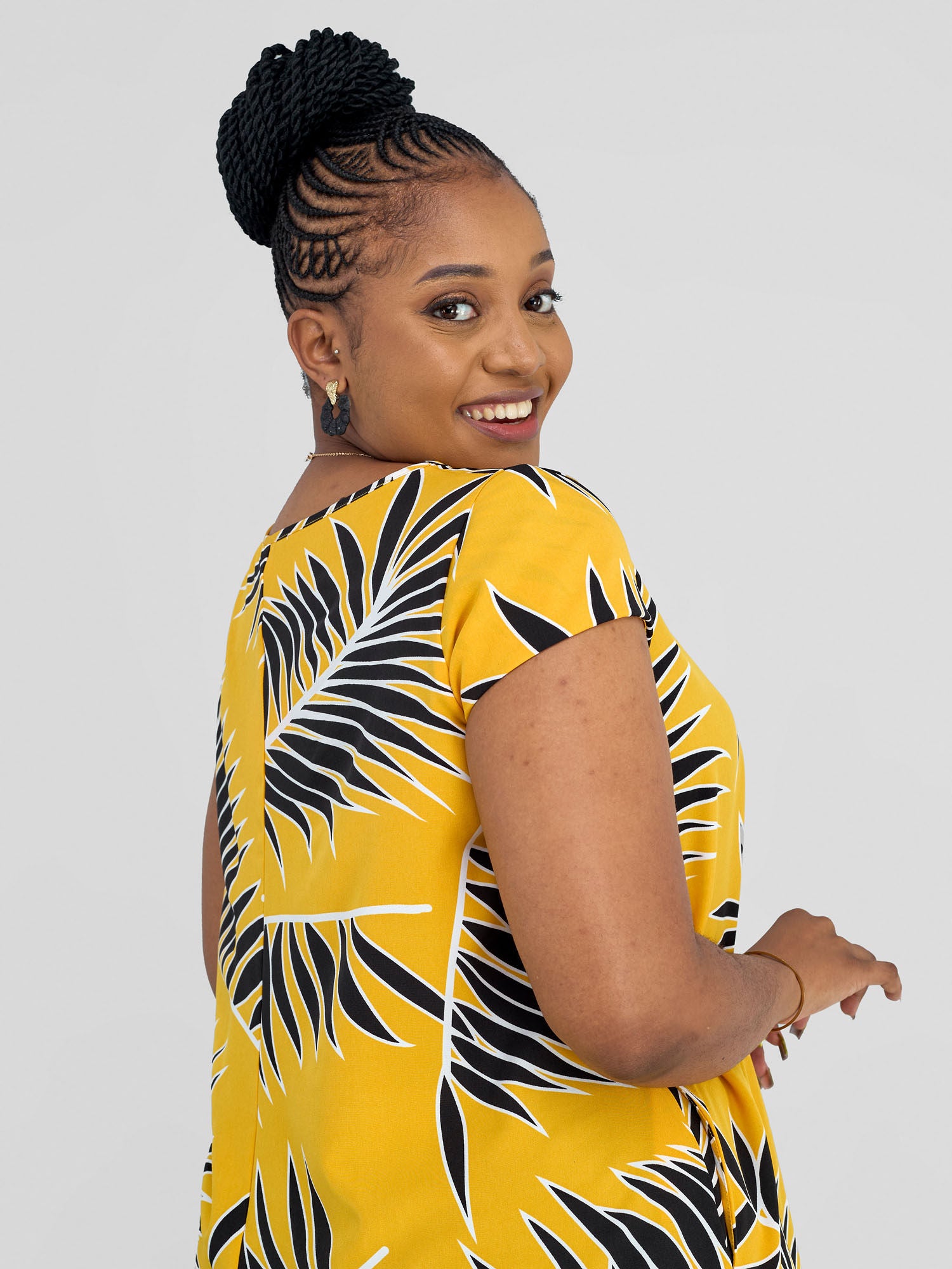 Vivo Jema High Low Tent Dress - Yellow/Black Palm Leaves Print
