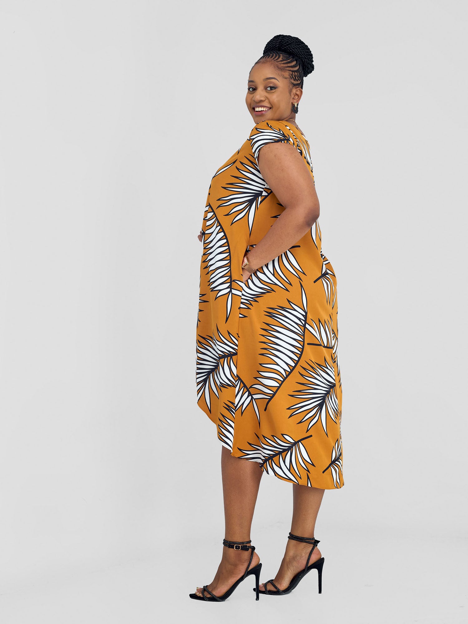Vivo Jema High Low Tent Dress - Dark Mustard / White Print