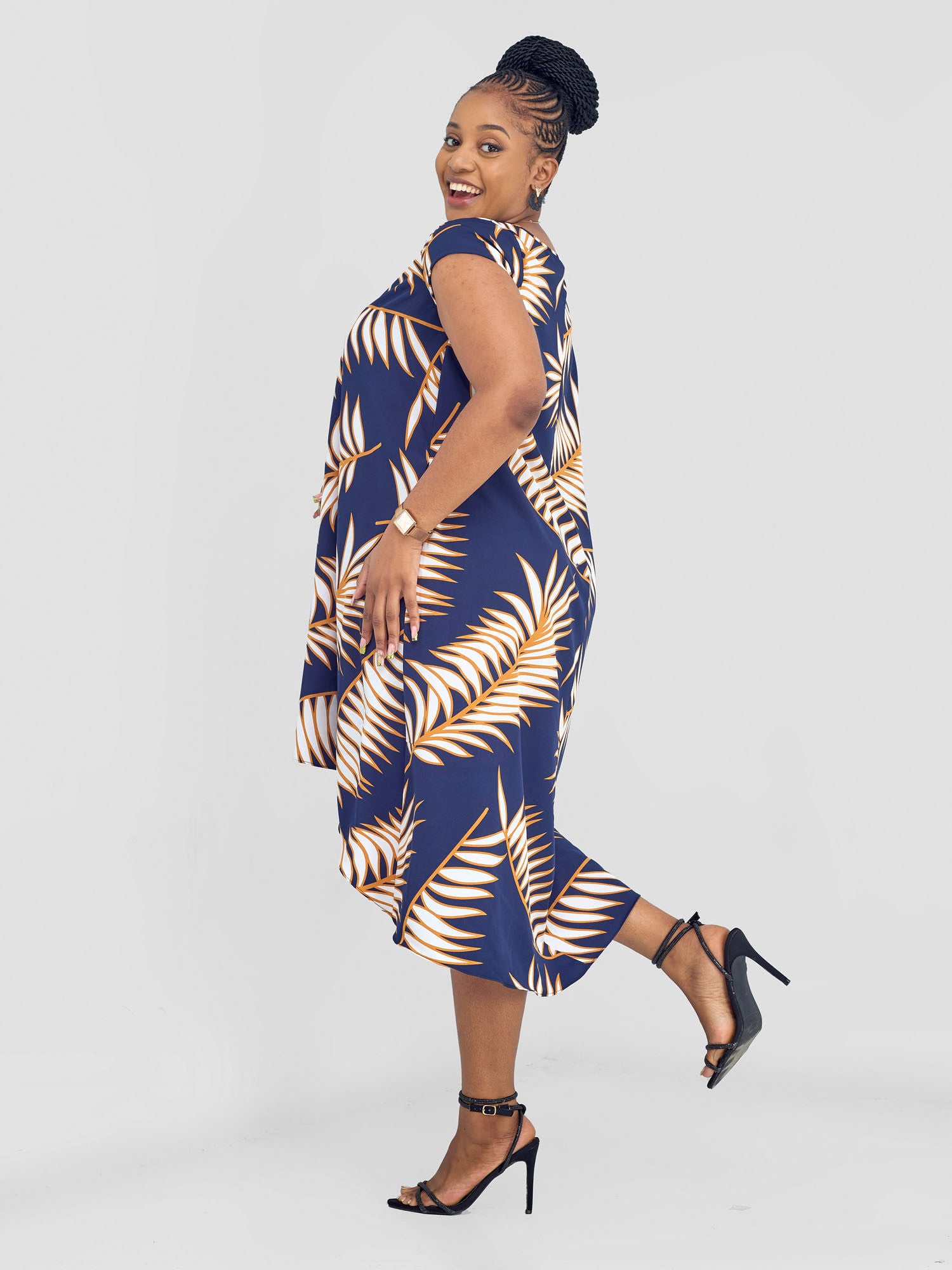 Vivo Jema High Low Tent Dress - Navy / White Palm Leaves Print