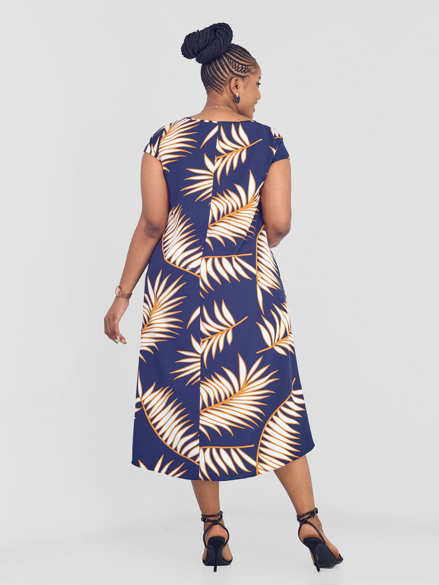 Vivo Jema High Low Tent Dress - Navy / White Palm Leaves Print