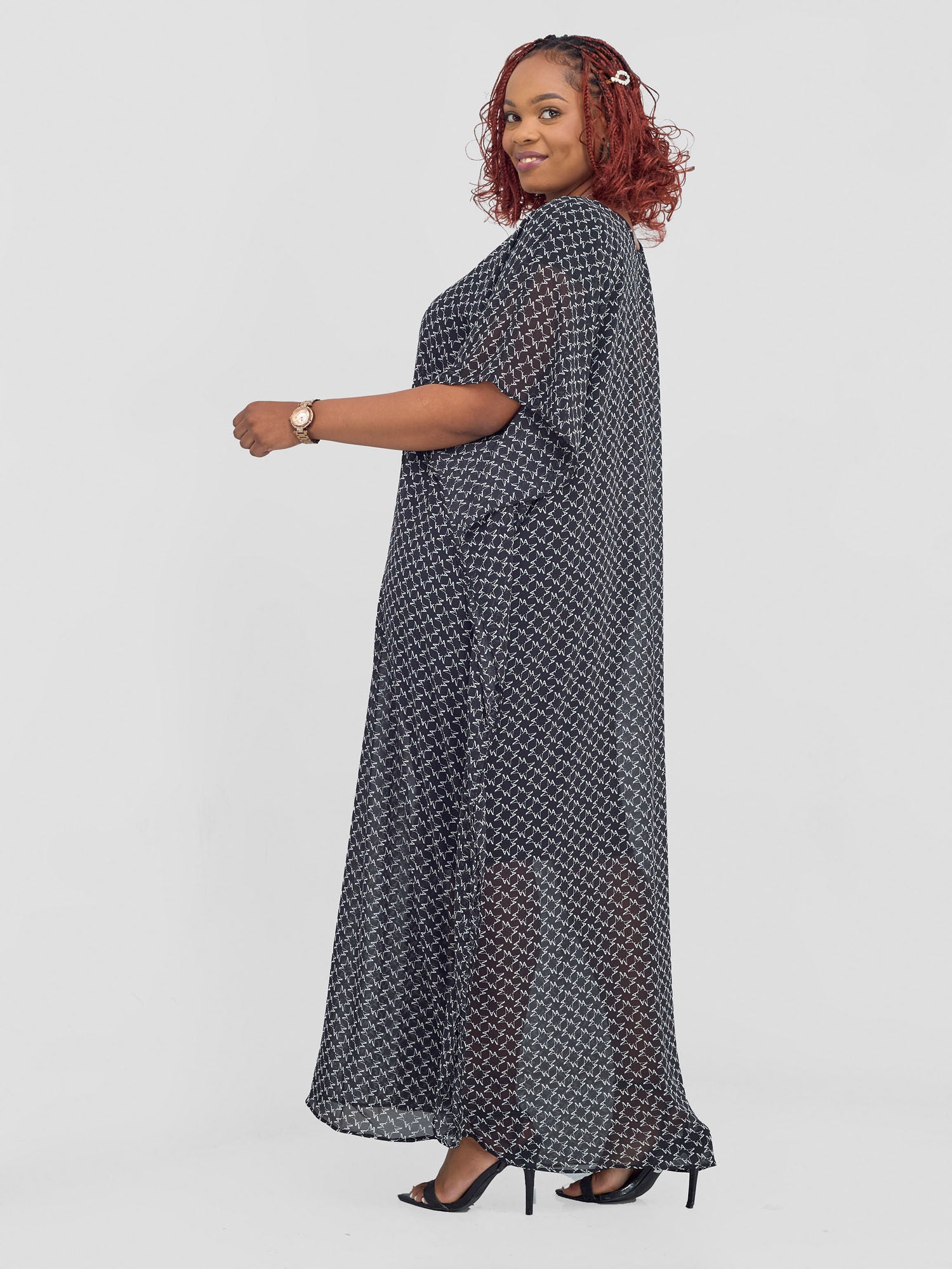 Vivo Basic Wide Liv Chiffon Maxi Dress  - Black / White Print