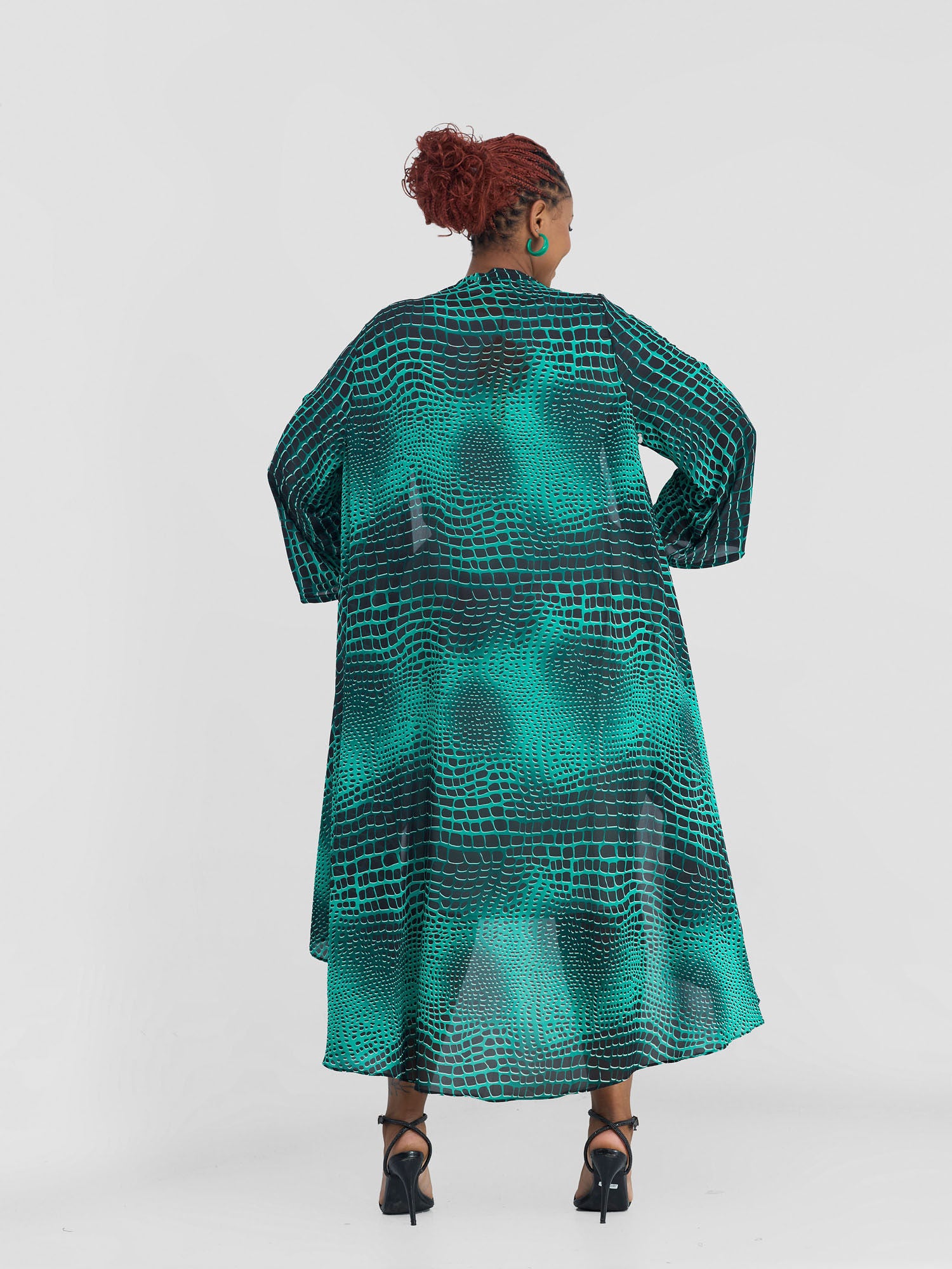 Vivo Maisha Long Sleeve High Low Kimono -   Green / Black Rika Print