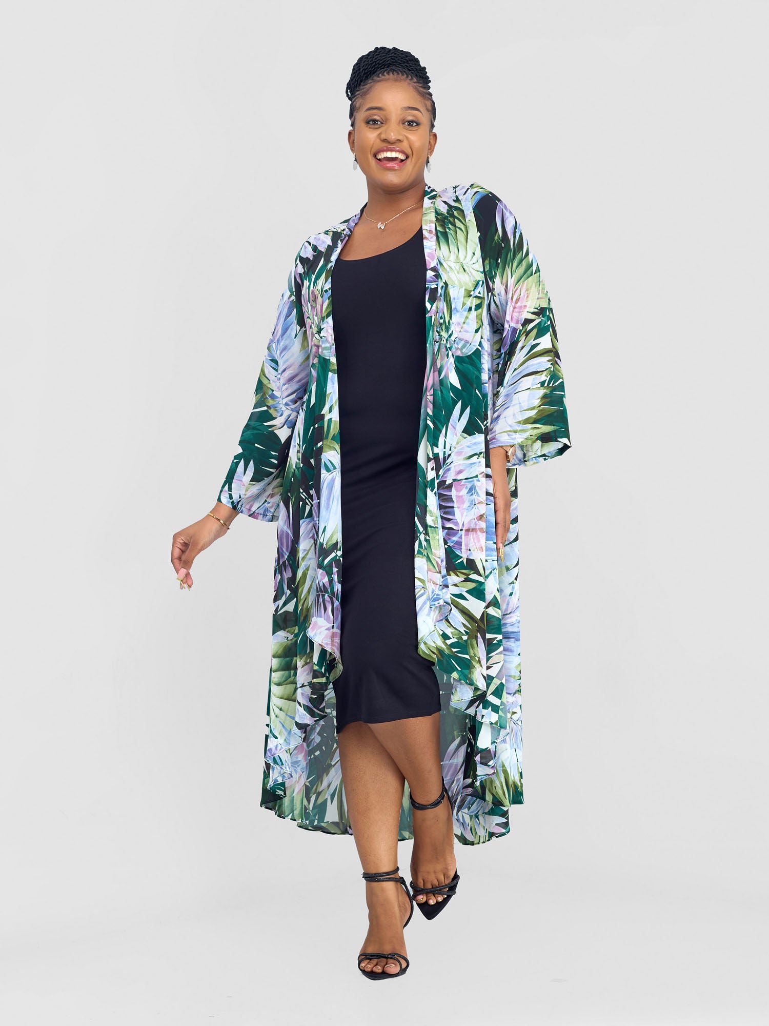 Vivo Maisha Long Sleeve High Low Kimono - Green Nyua Print