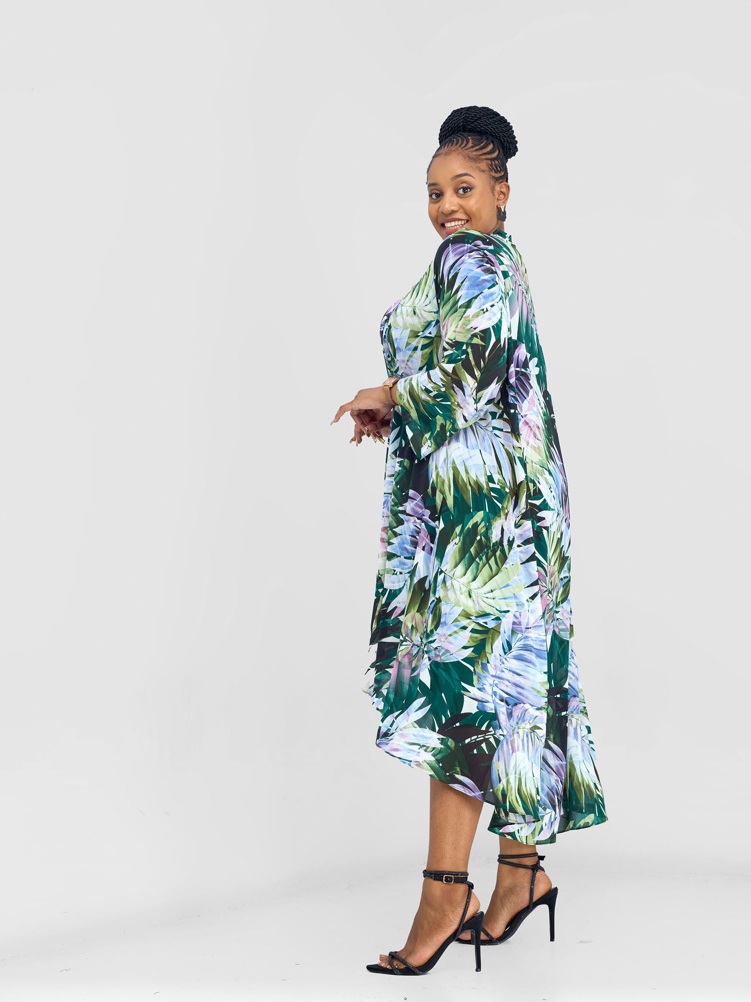 Vivo Maisha Long Sleeve High Low Kimono Green Nyua Print Vivo Fashion Group Kenya