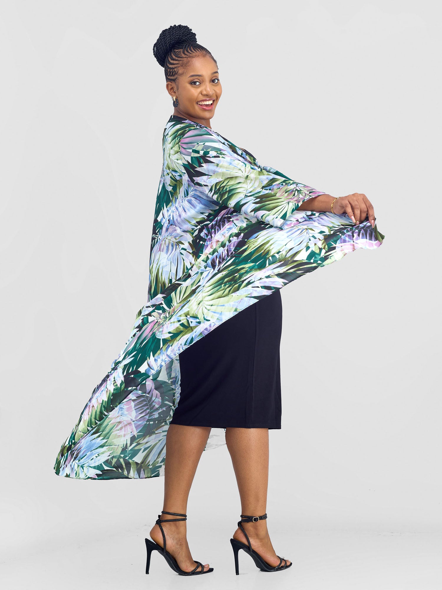 Vivo Maisha Long Sleeve High Low Kimono - Green Nyua Print