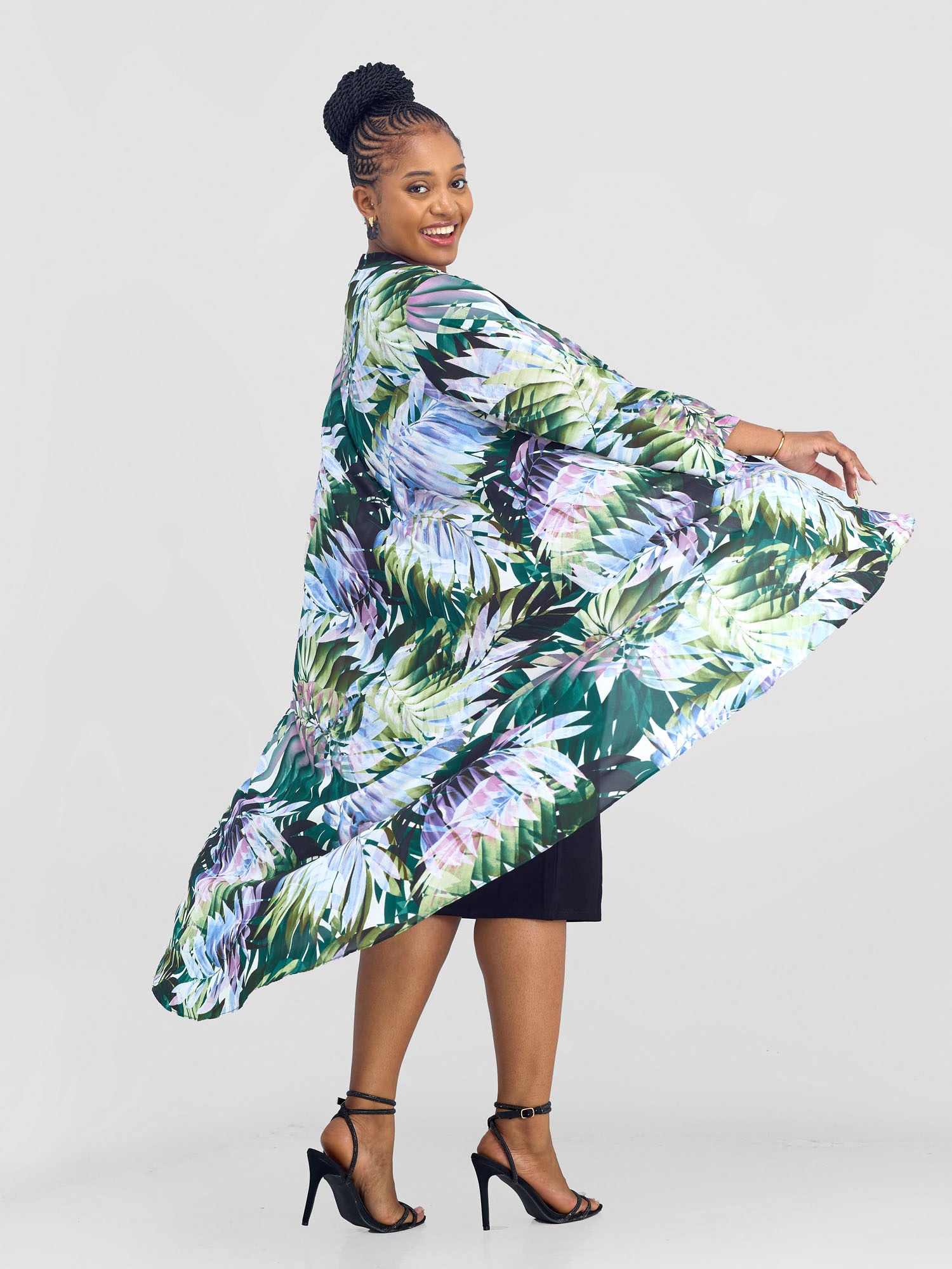Vivo Maisha Long Sleeve High Low Kimono - Green Nyua Print