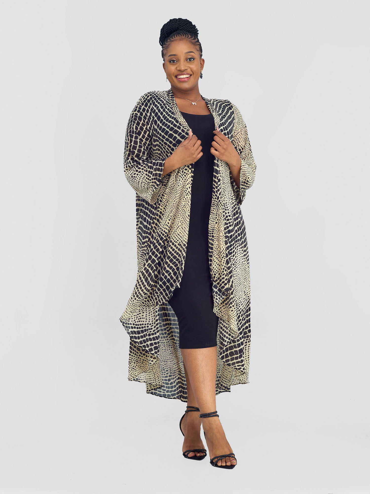 Vivo Maisha Long Sleeve High Low Kimono -   Beige / Black Rika Print