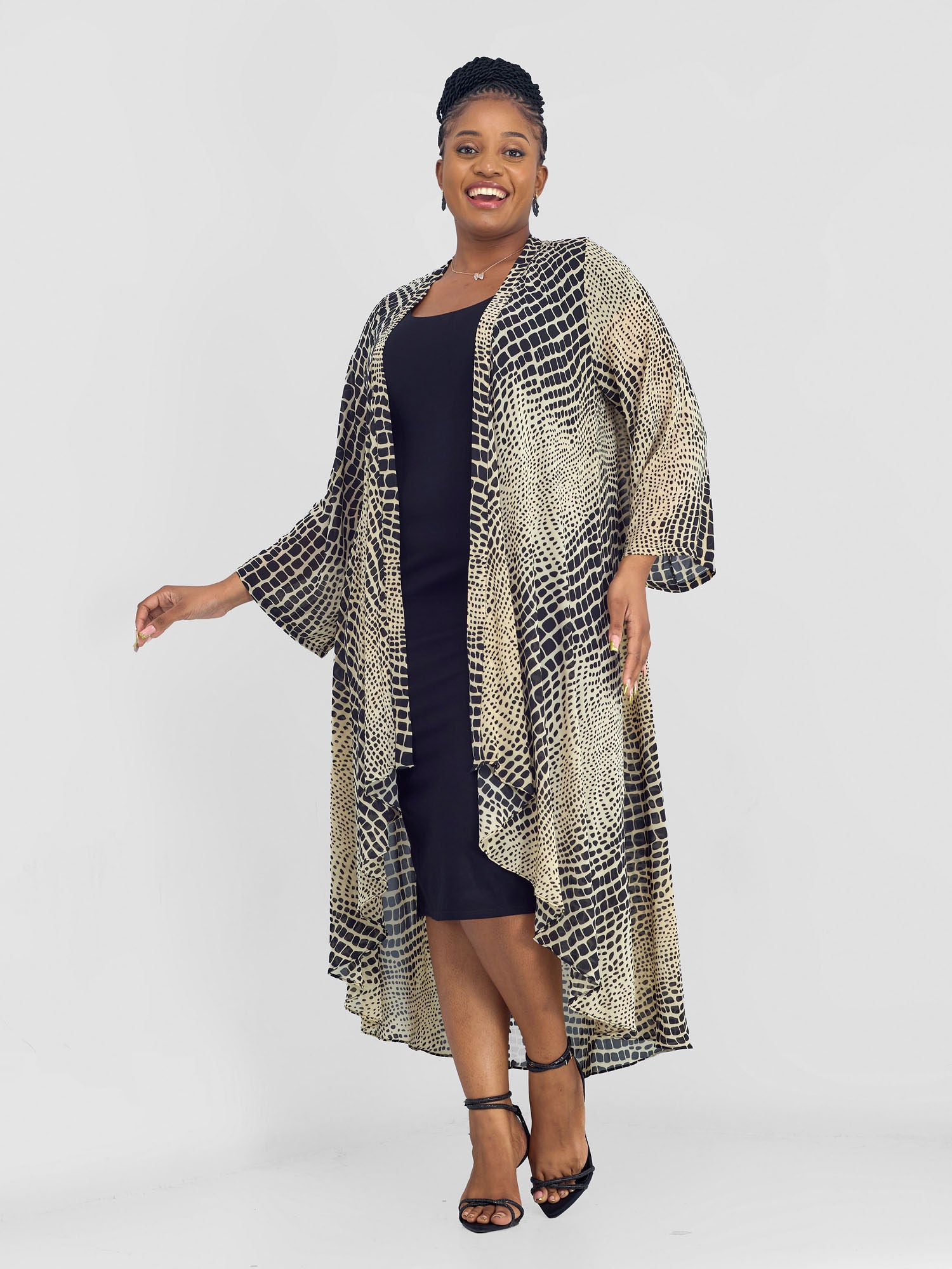 Vivo Maisha Long Sleeve High Low Kimono -   Beige / Black Rika Print