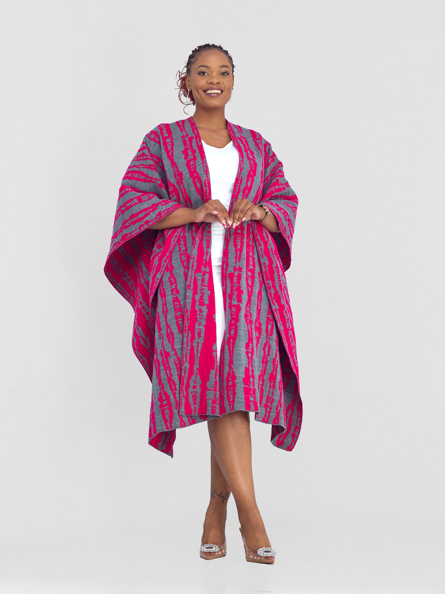 Vivo Reversible Poncho without Fringes - Pink / Mixed Greys
