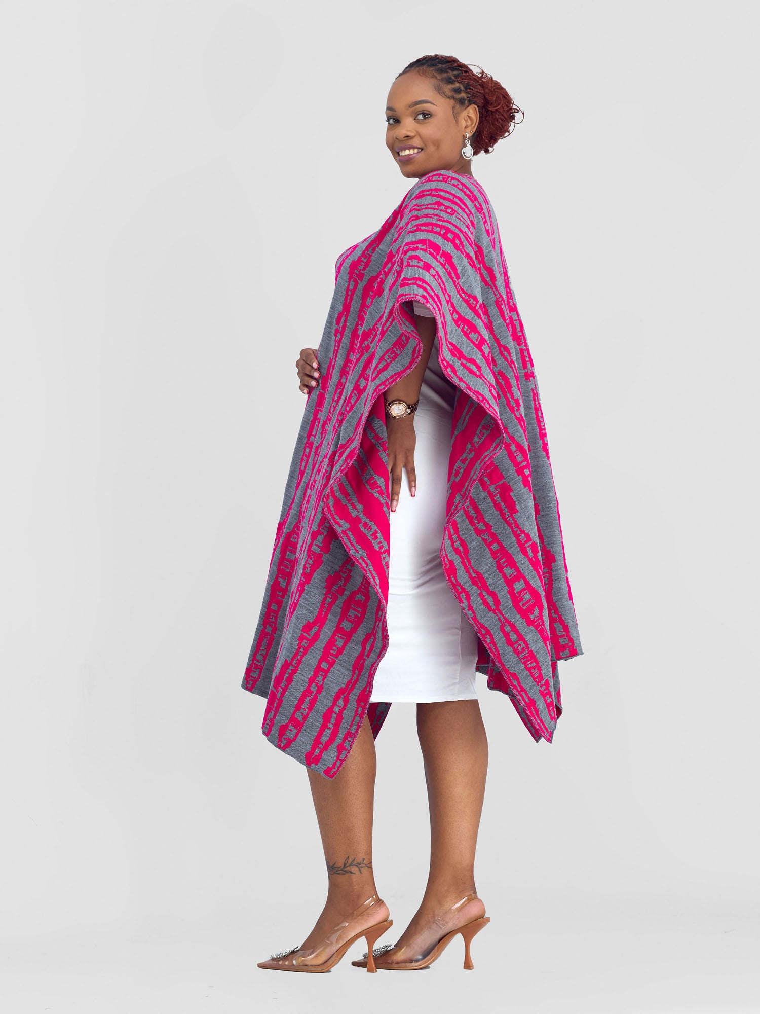 Vivo Reversible Poncho without Fringes - Pink / Mixed Greys