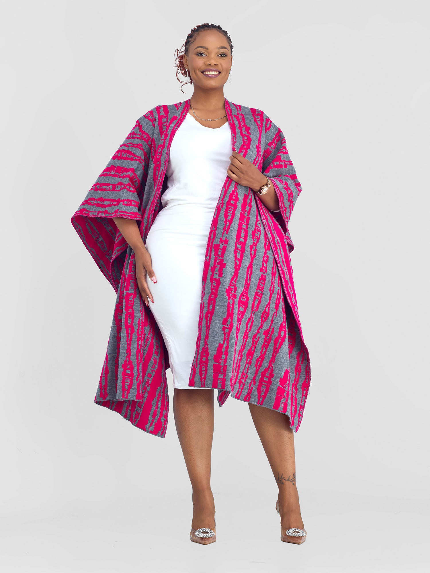 Vivo Reversible Poncho without Fringes - Pink / Mixed Greys