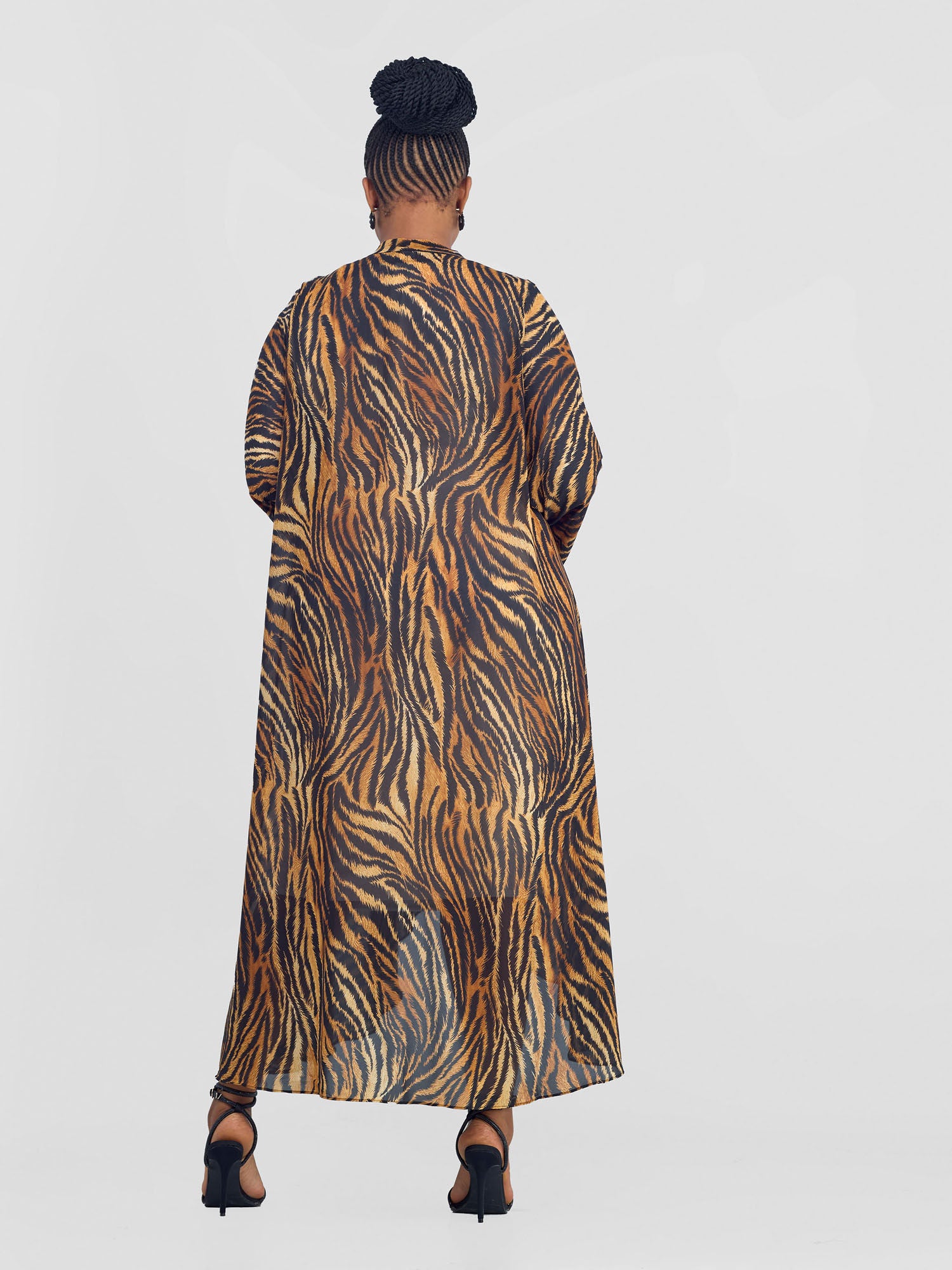 Vivo Maisha Long Sleeve High Low Kimono -   Brown / Black Mistari Print