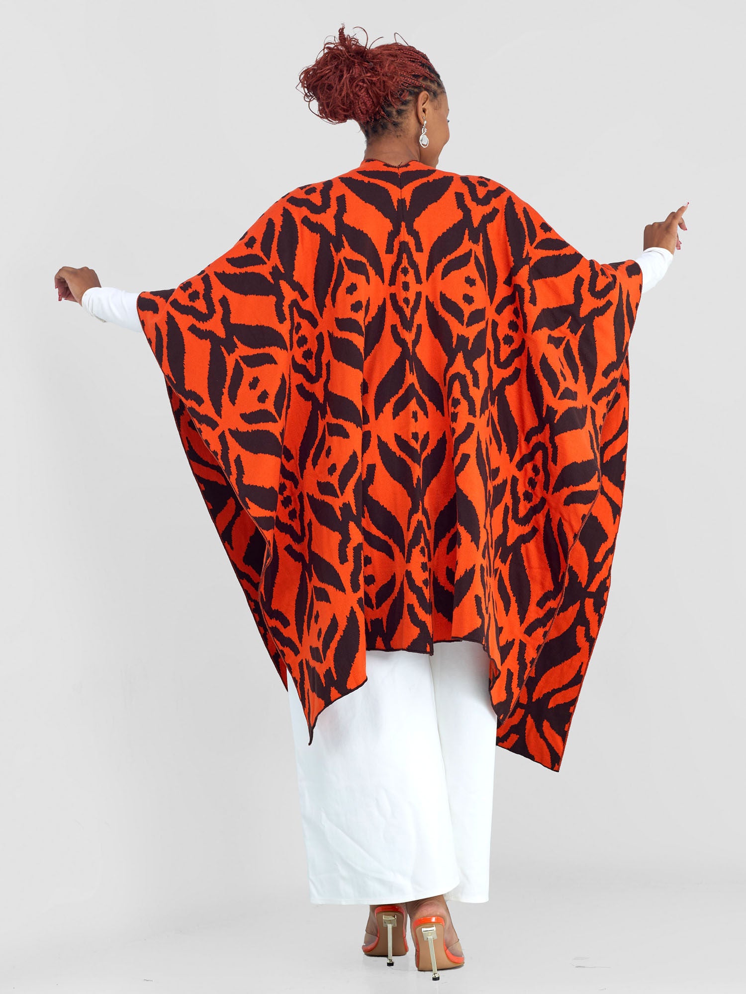 Vivo Reversible Poncho without Fringes - Chocolate Brown / Orange Ukwi Print