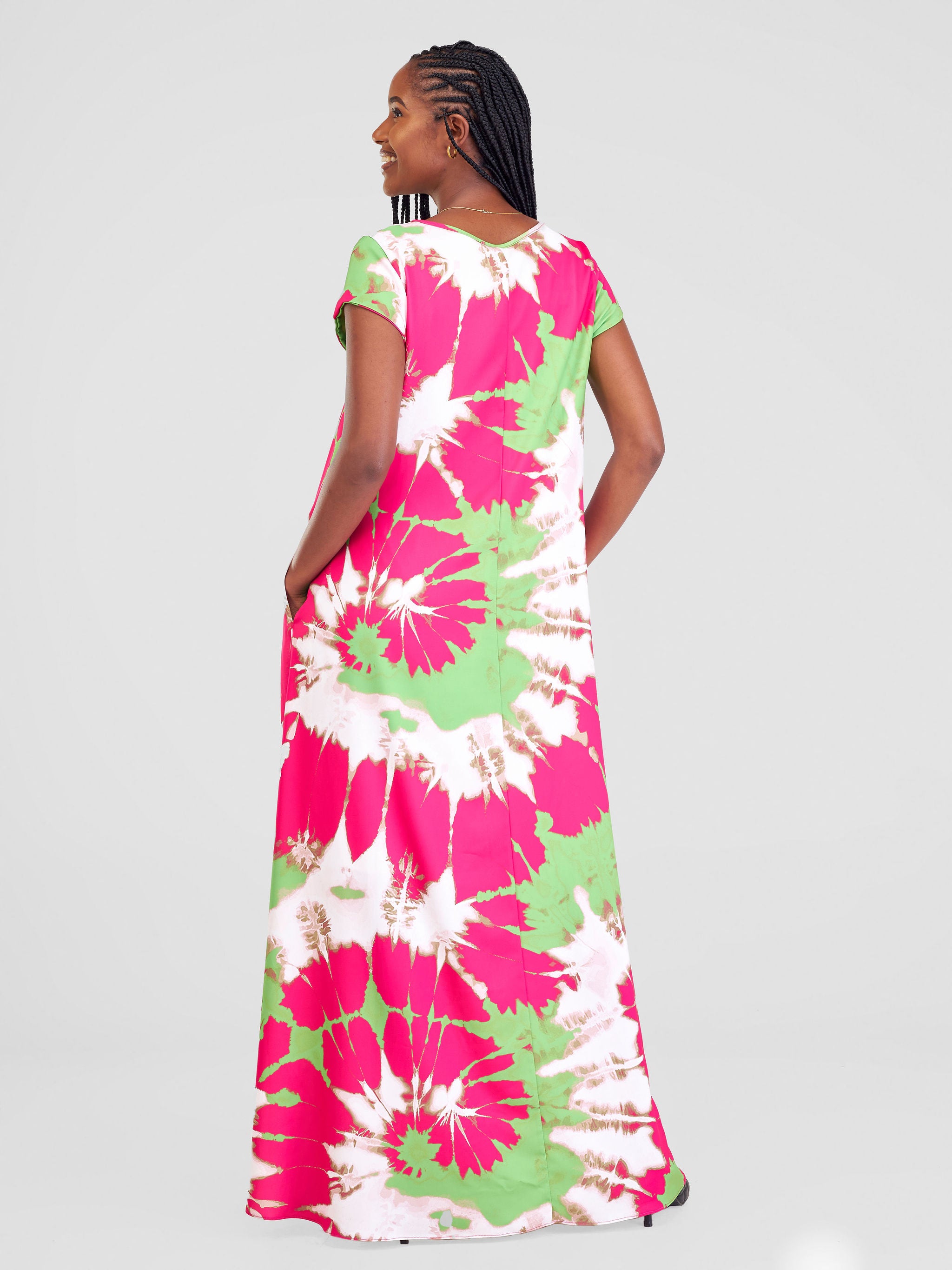 Vivo Basic Cap Sleeve Maxi Tent Dress - Pink / Green Esna Print