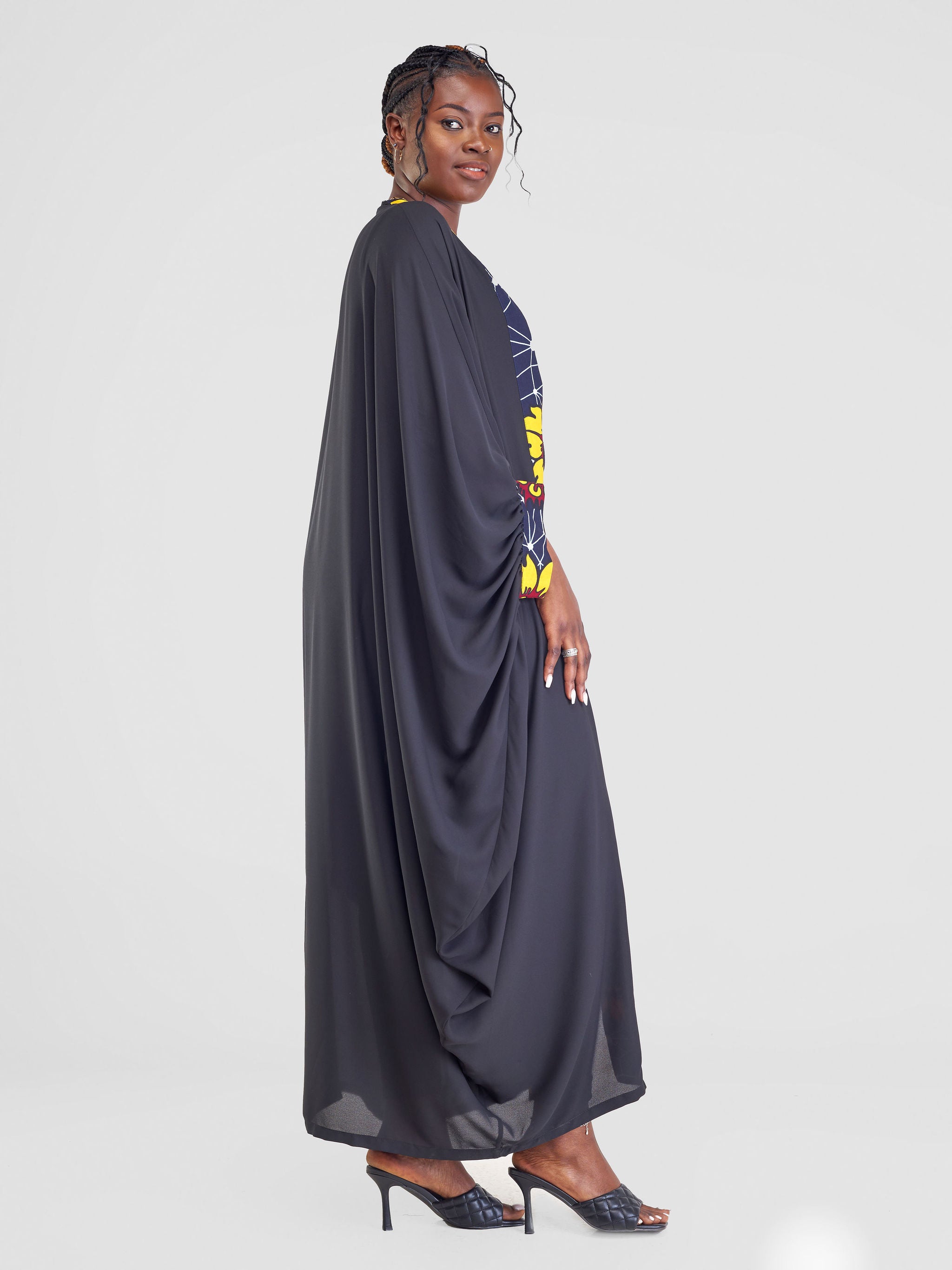 Vivo Fara Gathered Sleeve Open Kaftan - Black