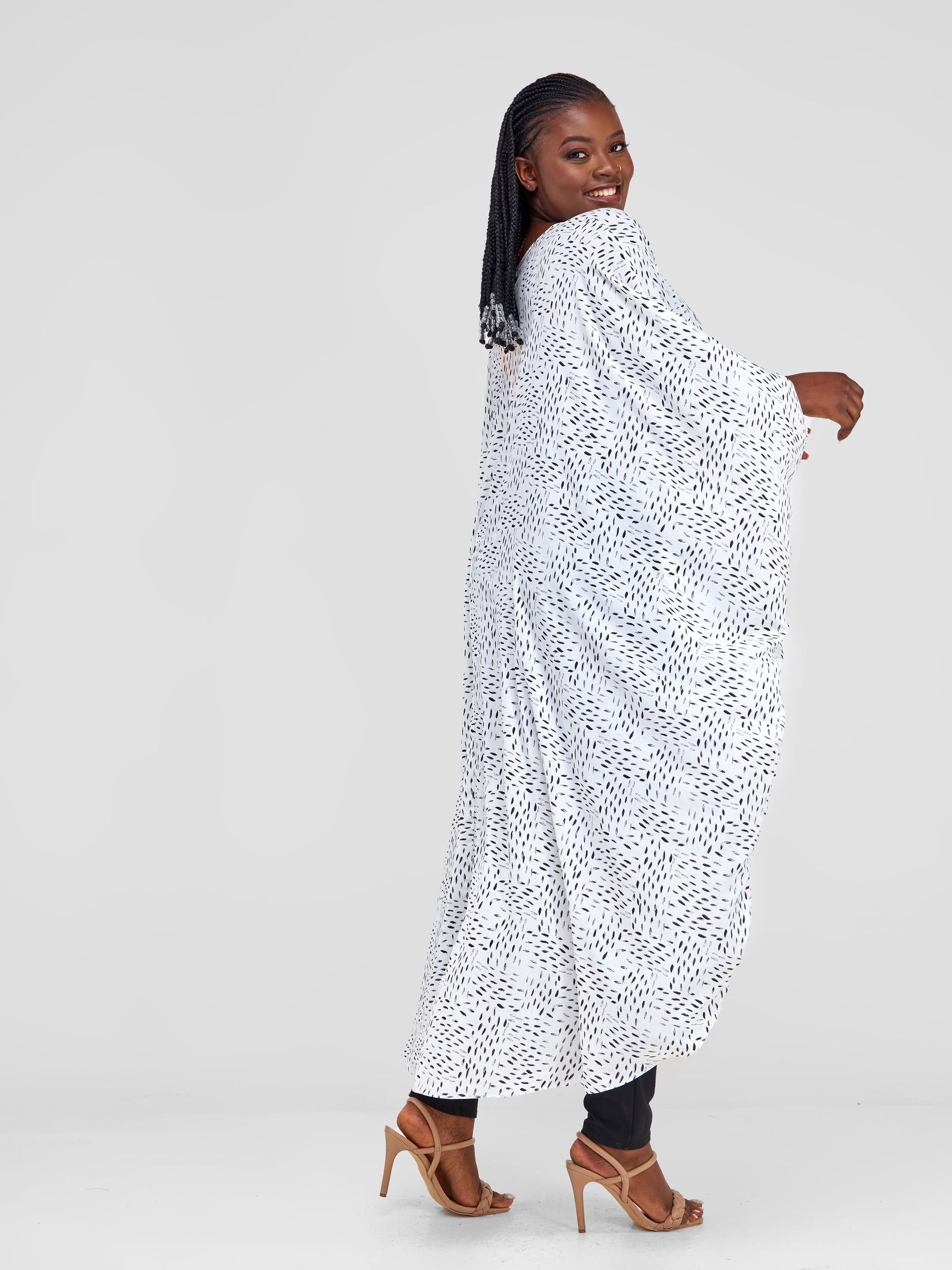 Vivo Malindi V-Neck High Low Kaftan Top - White / Grey Abstract Print