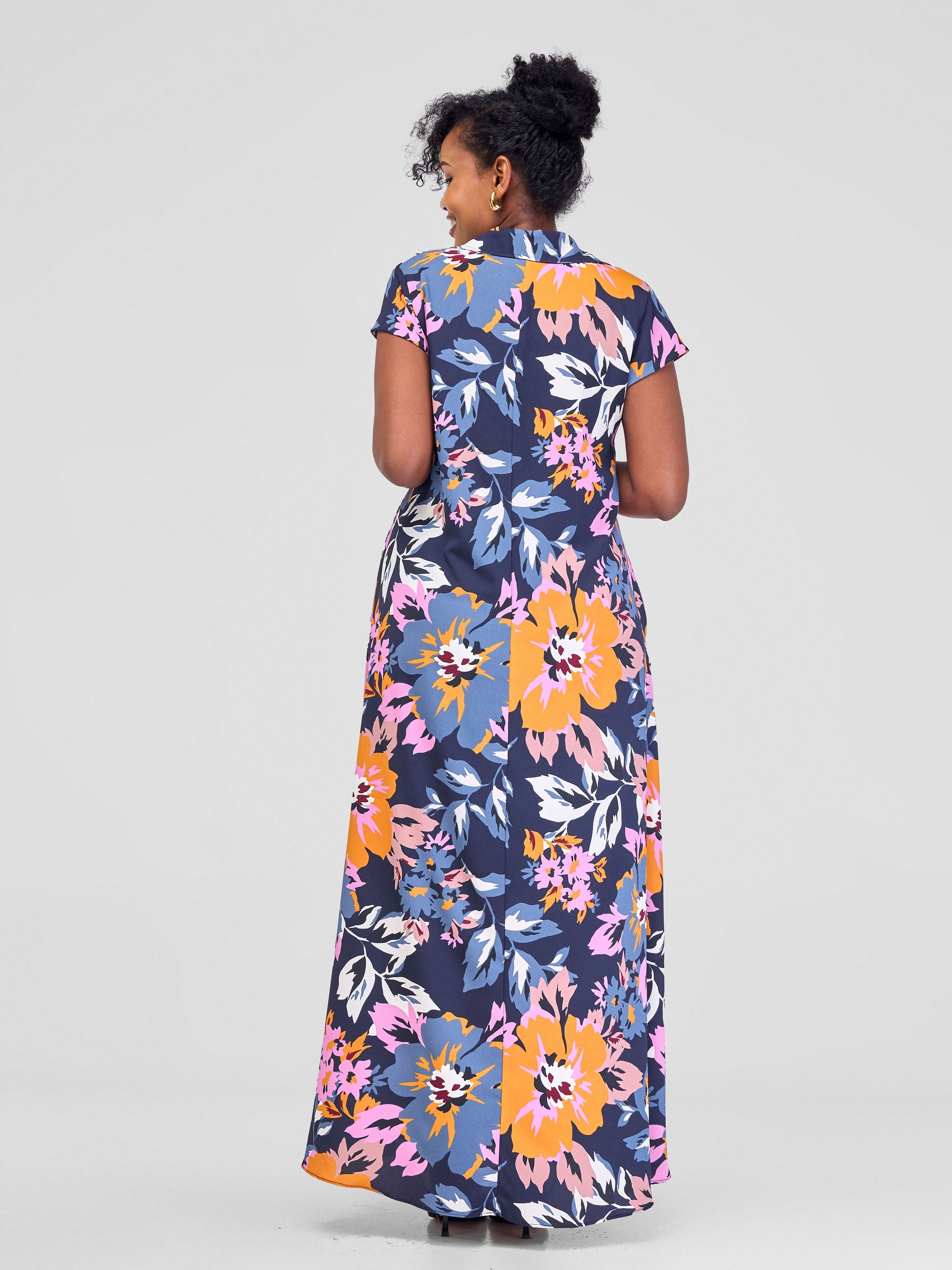 Vivo Zuri Cap Sleeved Maxi Dress - Orange / Navy Blue Print