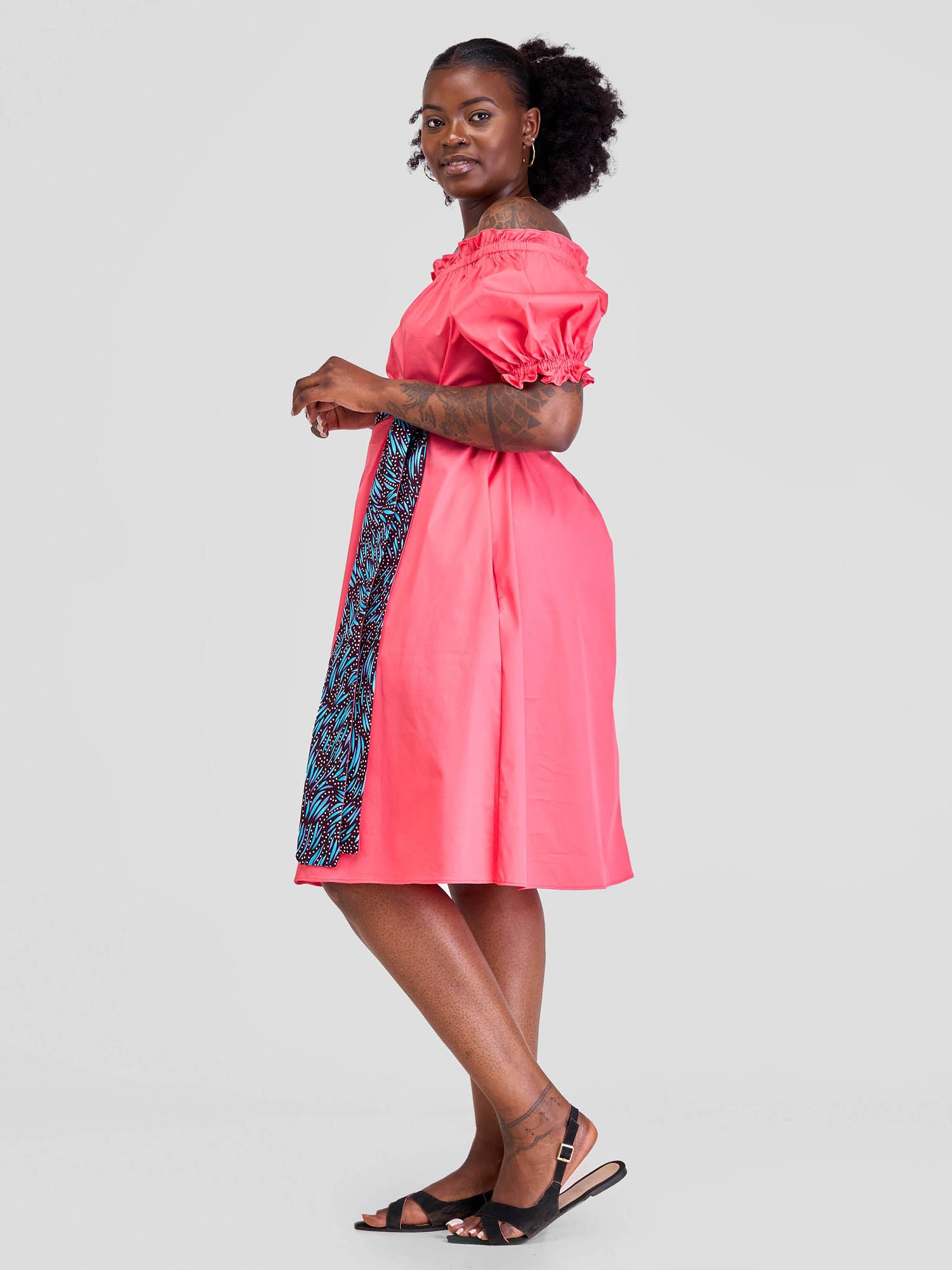 Safari Mali Off Shoulder Ruffle Knee Length Dress Coral (Blue