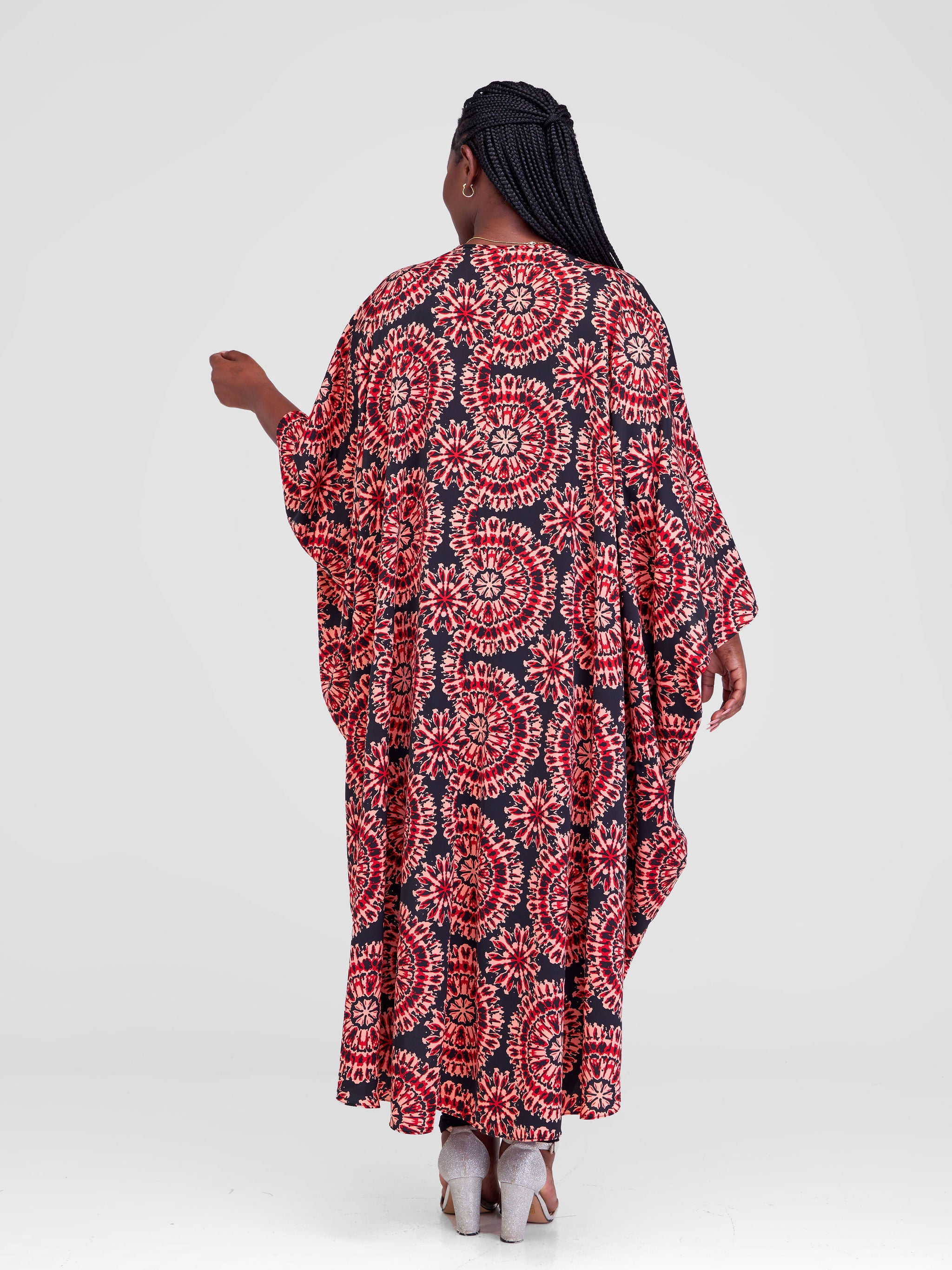 Vivo Malindi V-Neck High Low Kaftan Top - Black / Red Abstract Print