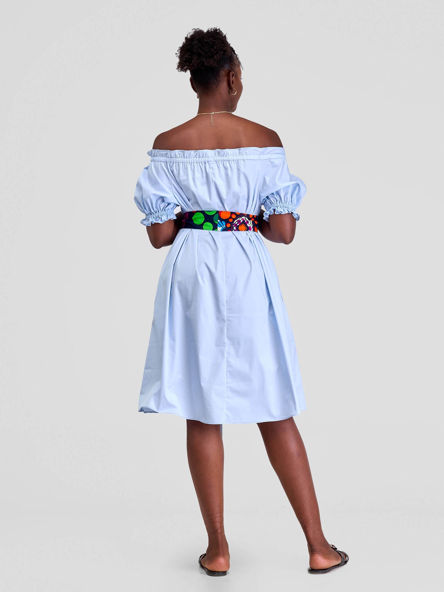Safari Mali Off - Shoulder Ruffle Knee Length Dress - Baby Blue (Navy / Orange Print Belt)