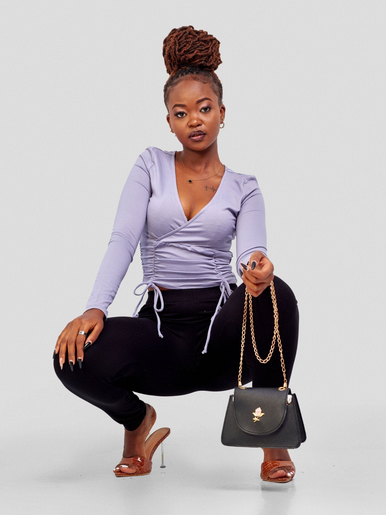 Popular 21 Ruched Surplice Top - Lavender Grey - Shopzetu