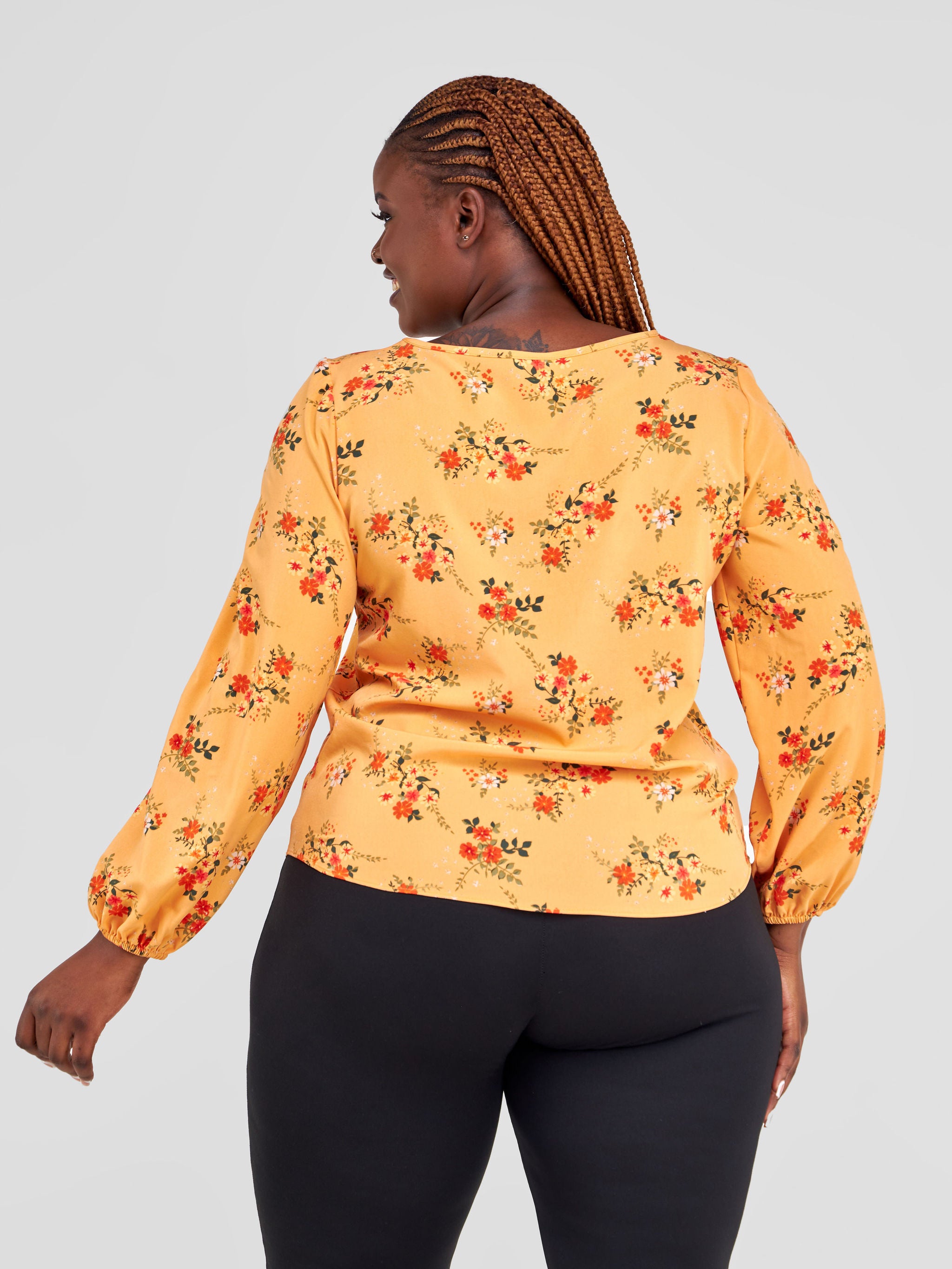 Vivo Basic Long Sleeved Bishop Top - Orange / Green Floral Print