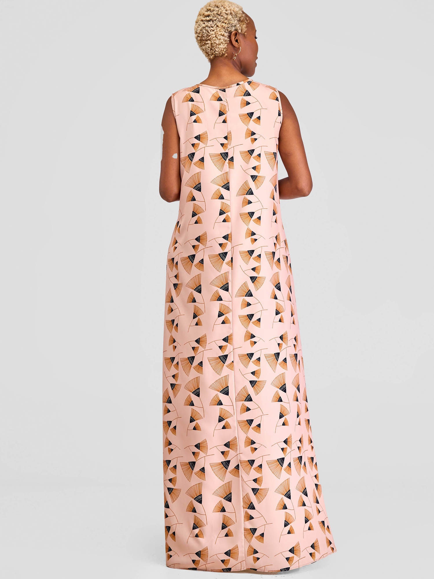 Vivo Basic Sleeveless Tent Maxi Dress - Peach / Brown Fan Print