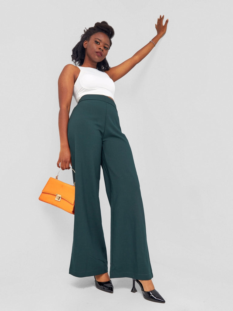 Anika Straight Leg Dress Pants With Zipper At Back - Dark Green - Shopzetu