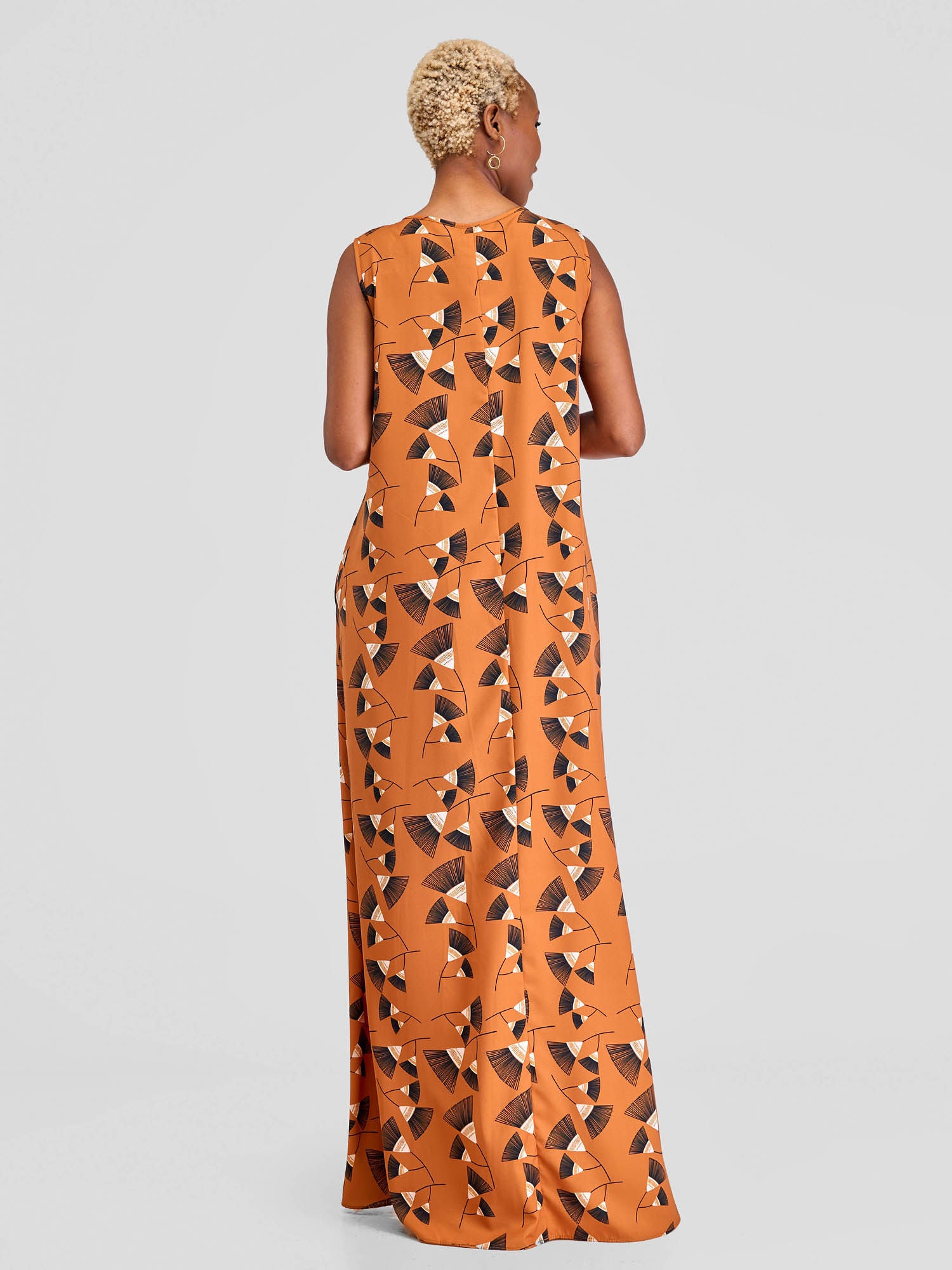 Vivo Basic Sleeveless Tent Maxi Dress - Brown / Black Fan Print