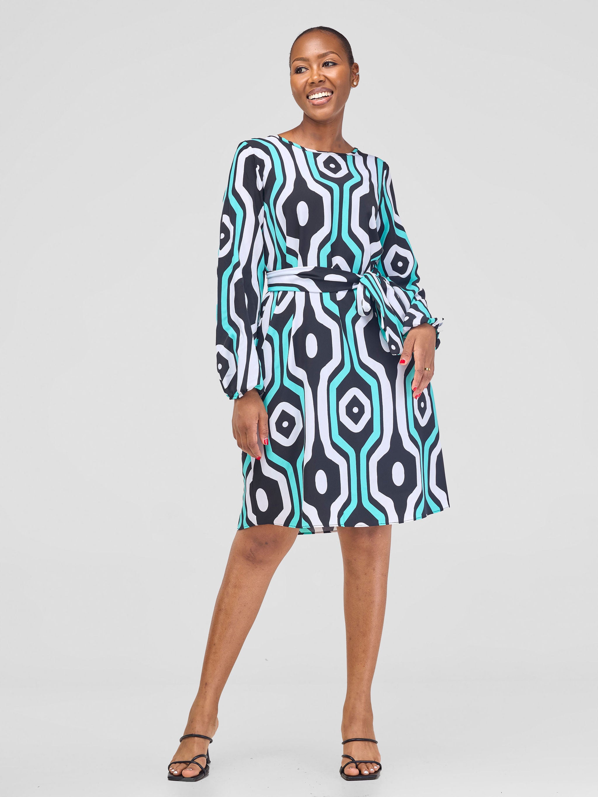 Vivo Zawadi Shift Dress - Black / Sea Green Print