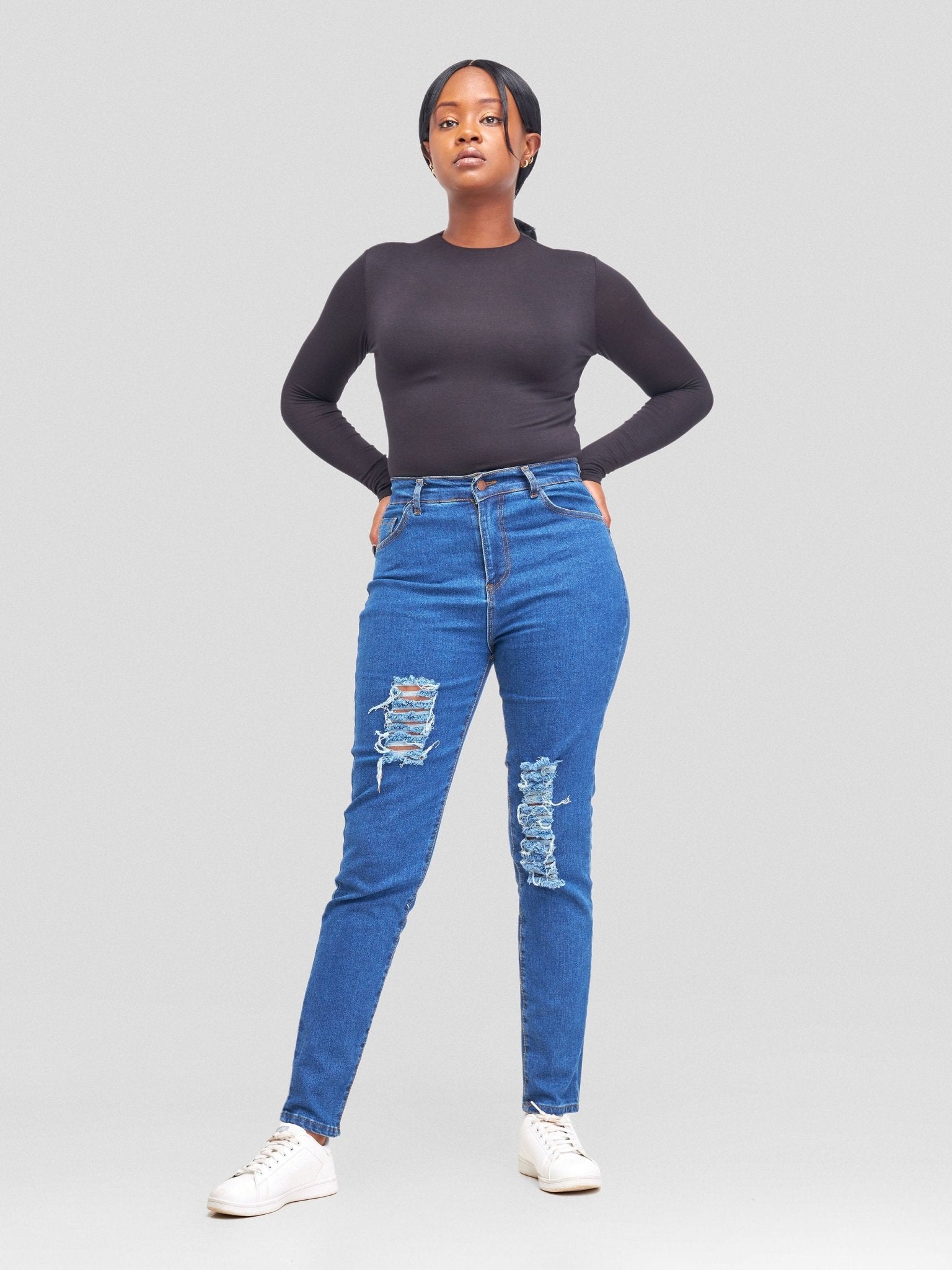 Denim Haven High Rise Skinny Ripped Jeans - Deep Blue - Shopzetu
