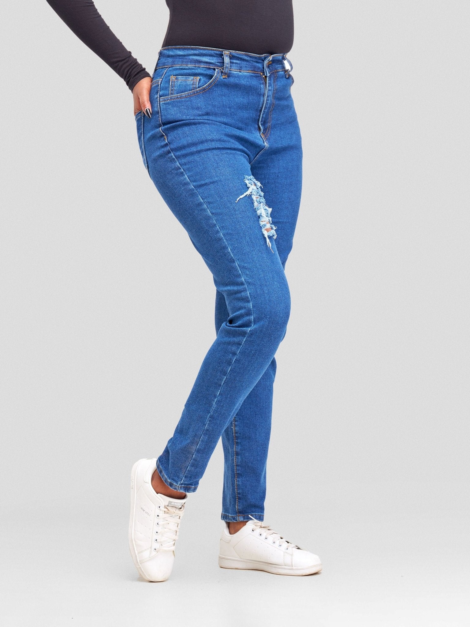 Denim Haven High Rise Skinny Ripped Jeans - Deep Blue - Shopzetu