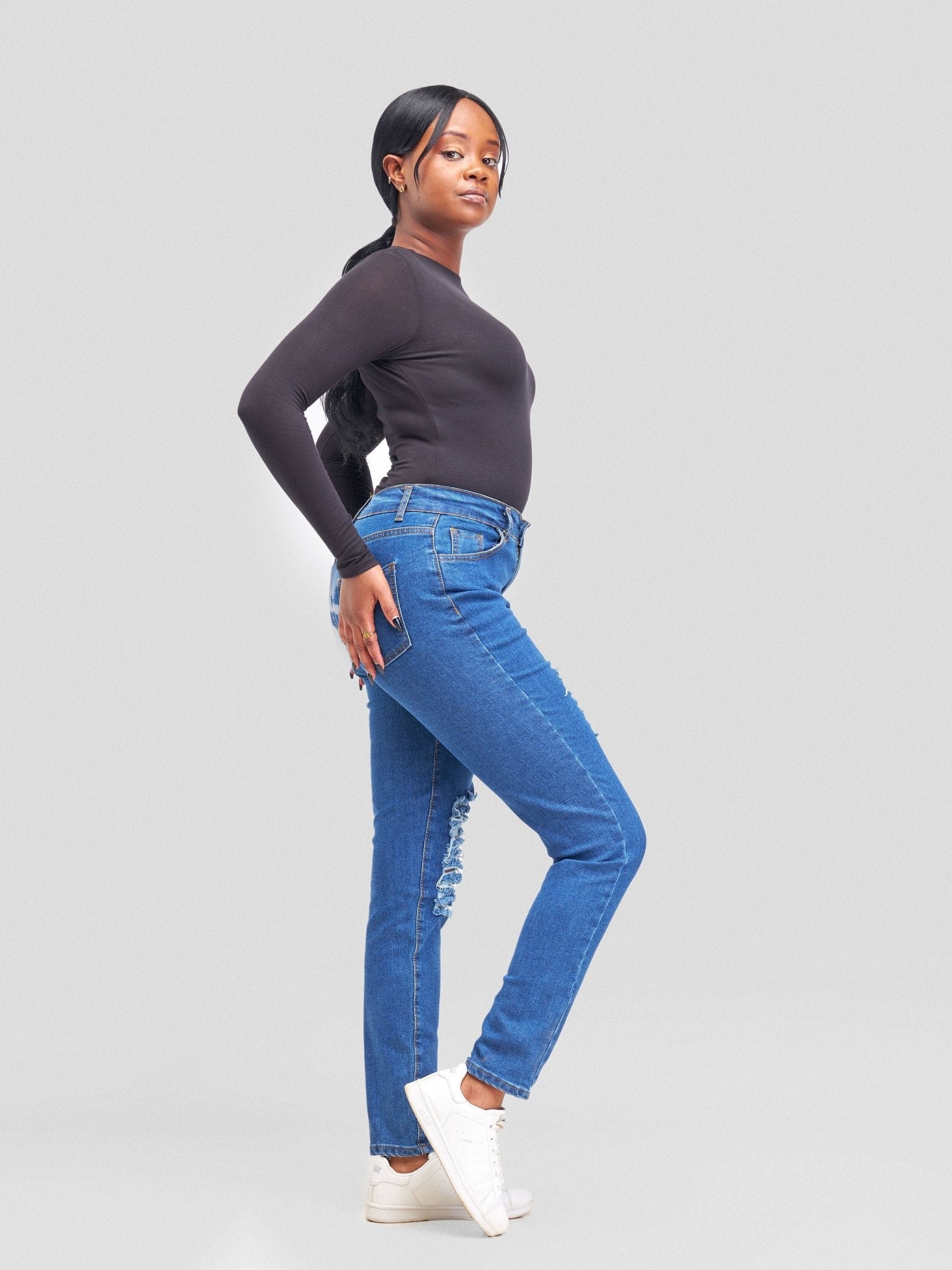 Denim Haven High Rise Skinny Ripped Jeans - Deep Blue - Shopzetu