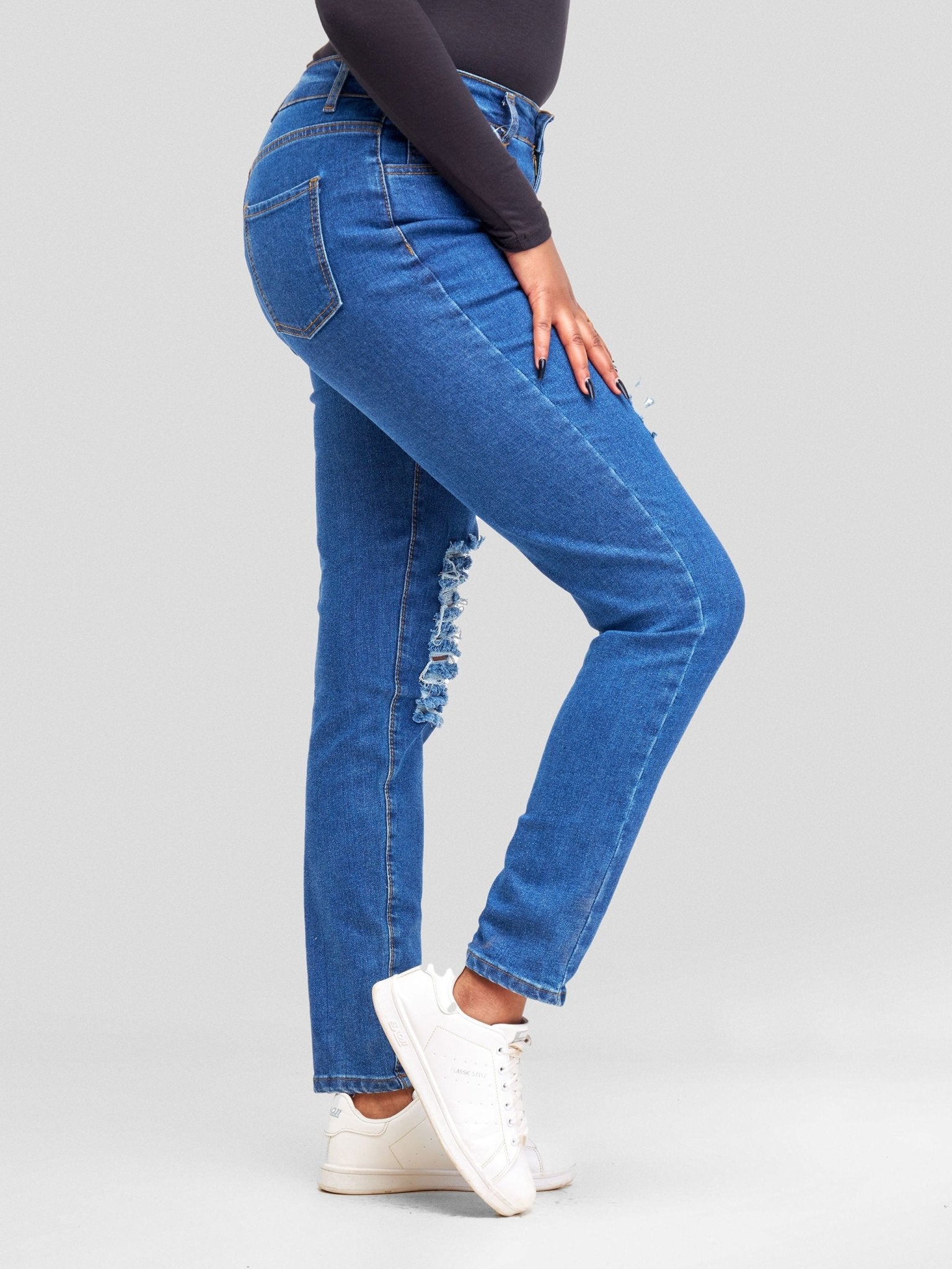 Denim Haven High Rise Skinny Ripped Jeans - Deep Blue - Shopzetu