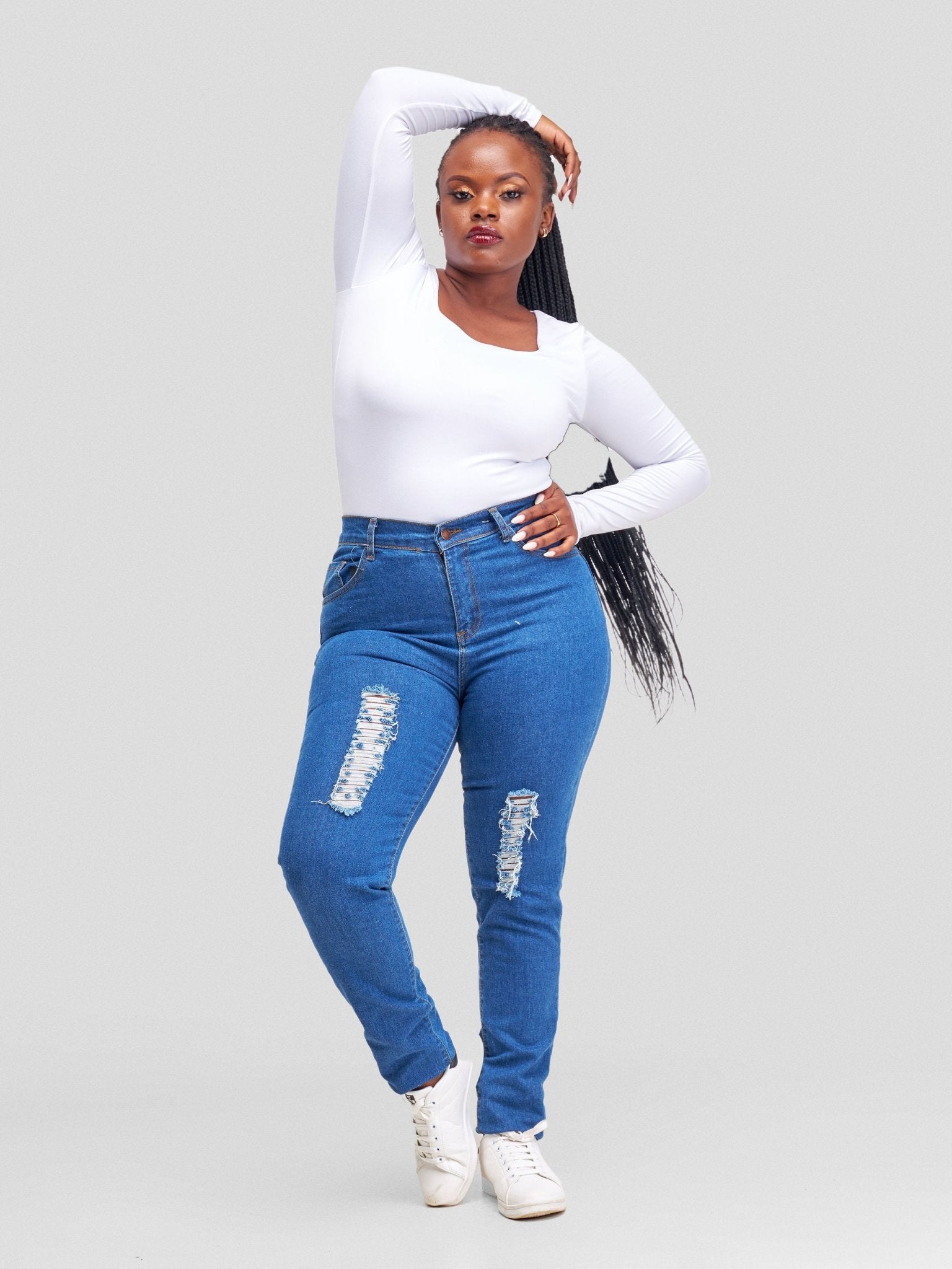 Denim Haven High Rise Skinny Ripped Jeans - Deep Blue - Shopzetu